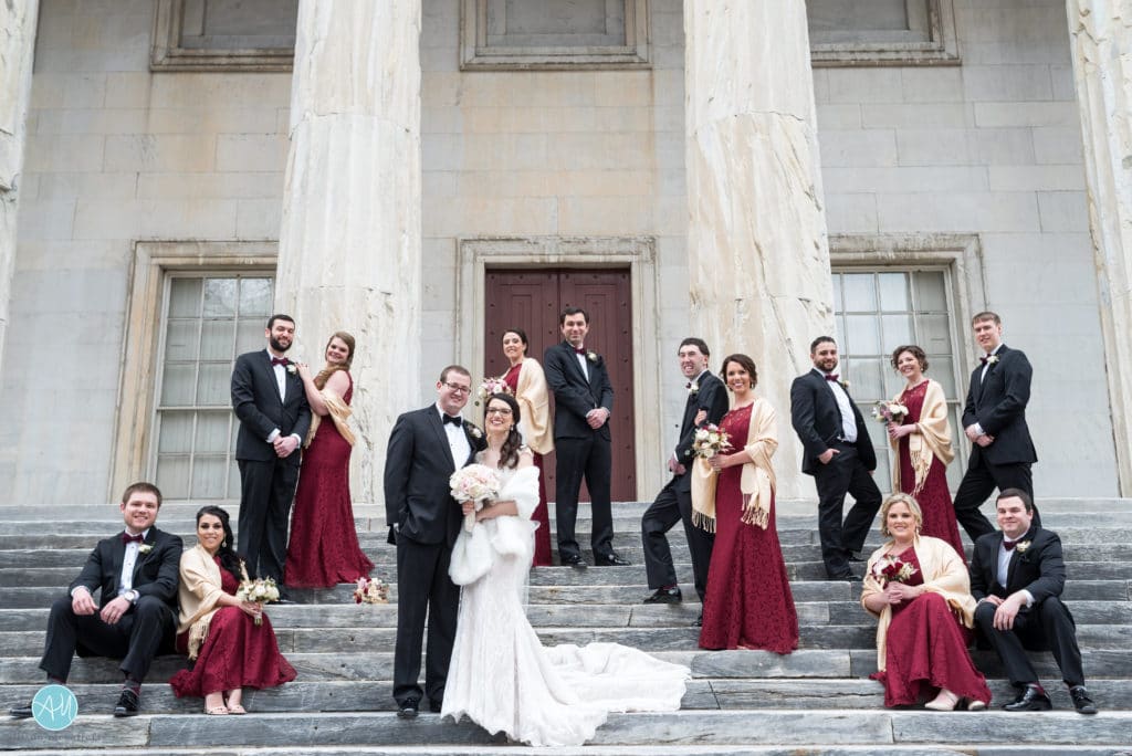 bridal party photo on steps of second bank philadelphia