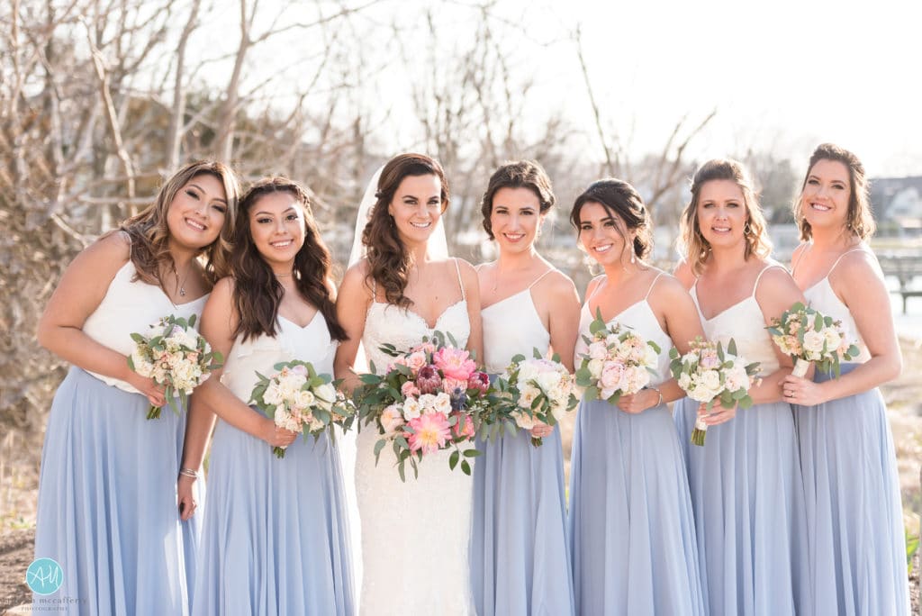 Blue and white bridesmaid dresses.