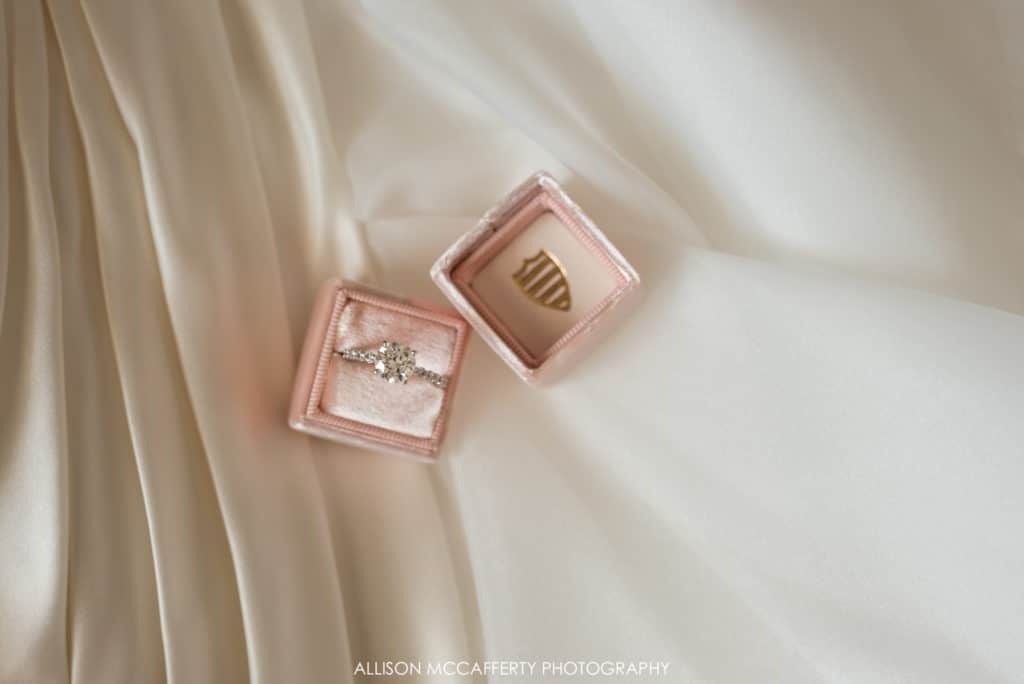 Wedding ring in box on wedding gown
