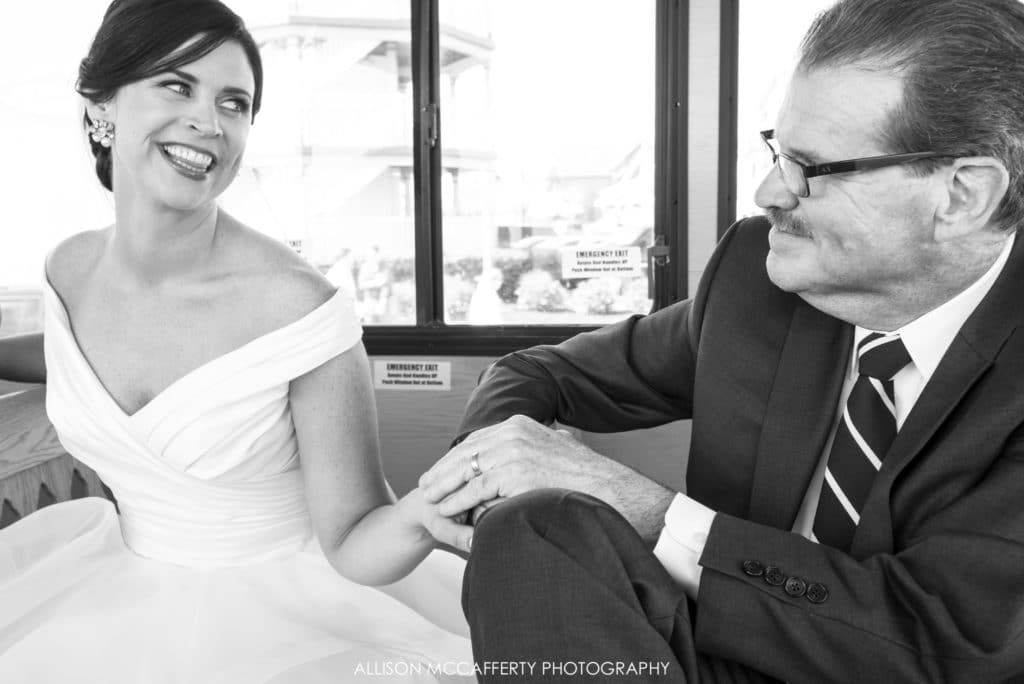 Bride and Father holding hands on the trolley