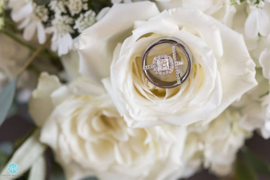 Wedding rings in bridal bouquet