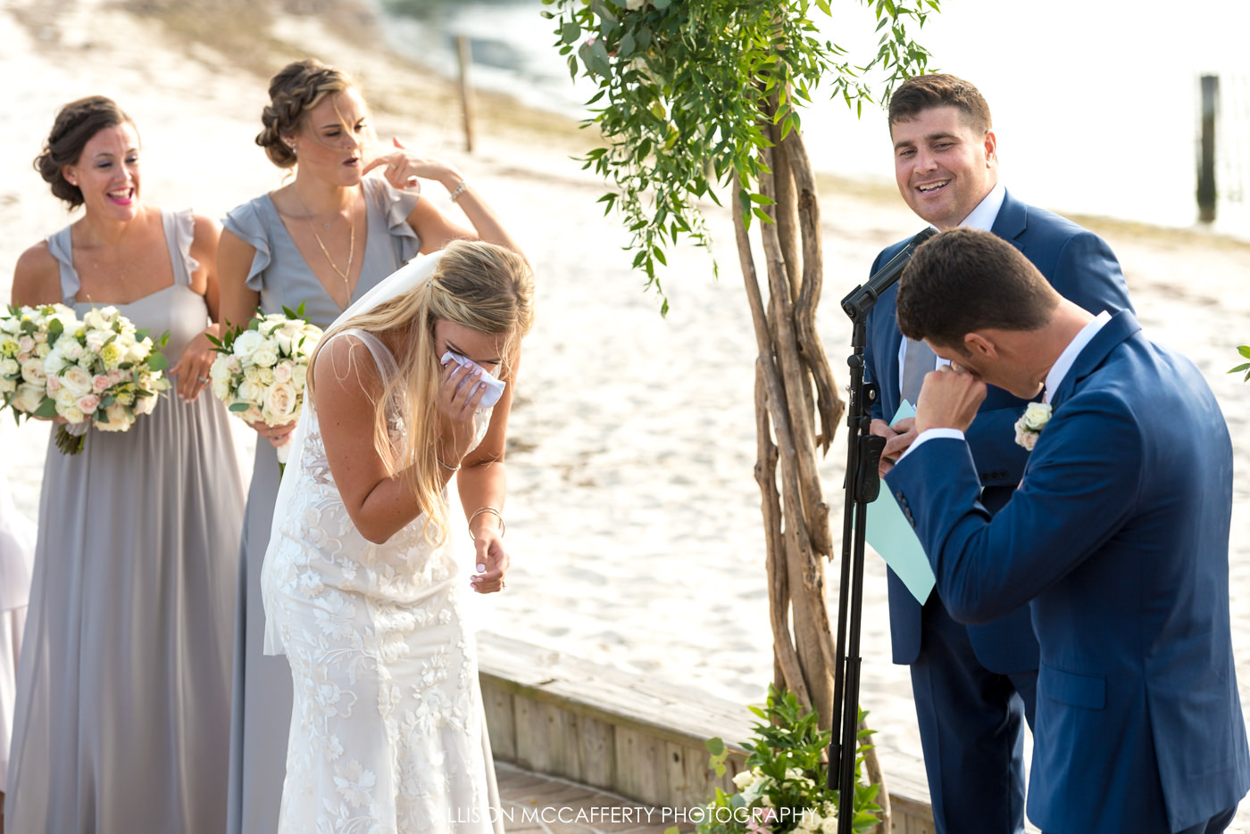 Bride and groom both crying during wedding ceremony in NJ