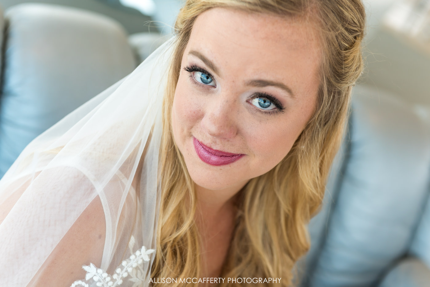 Bride with blonde hair and blue eyes portrait