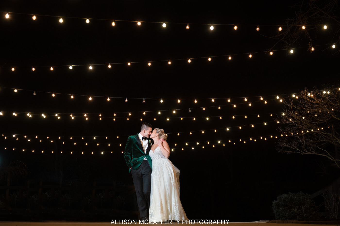 Wedding Photo Done Under String Lights at Hamilton Manor