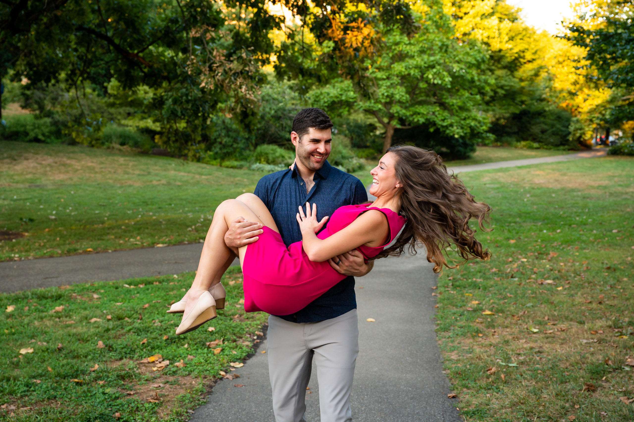 Playful engagement photo of a couple in Philadelphia