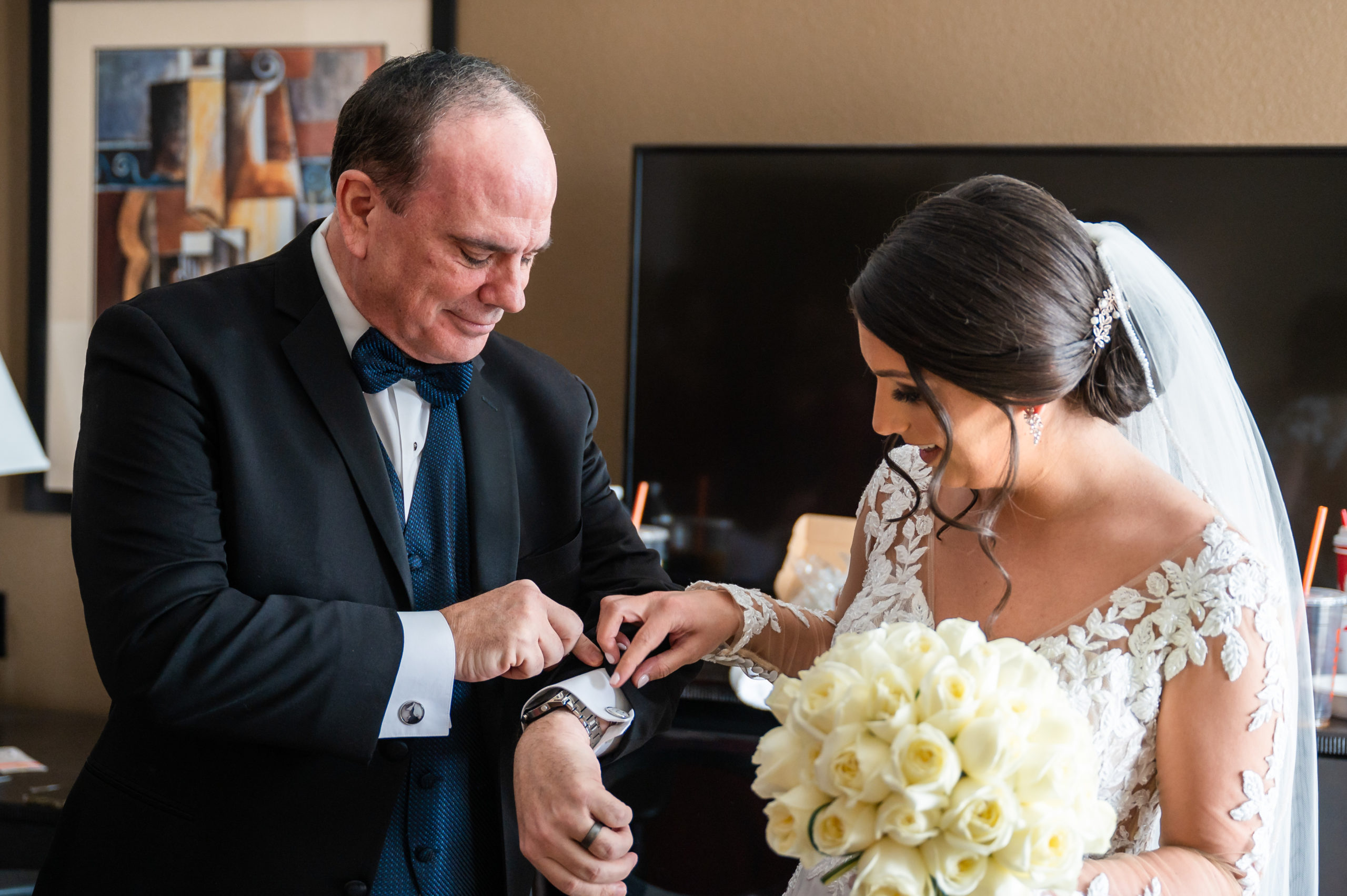 Father of the bride showing off his custom cuff links at a South Jersey wedding venue