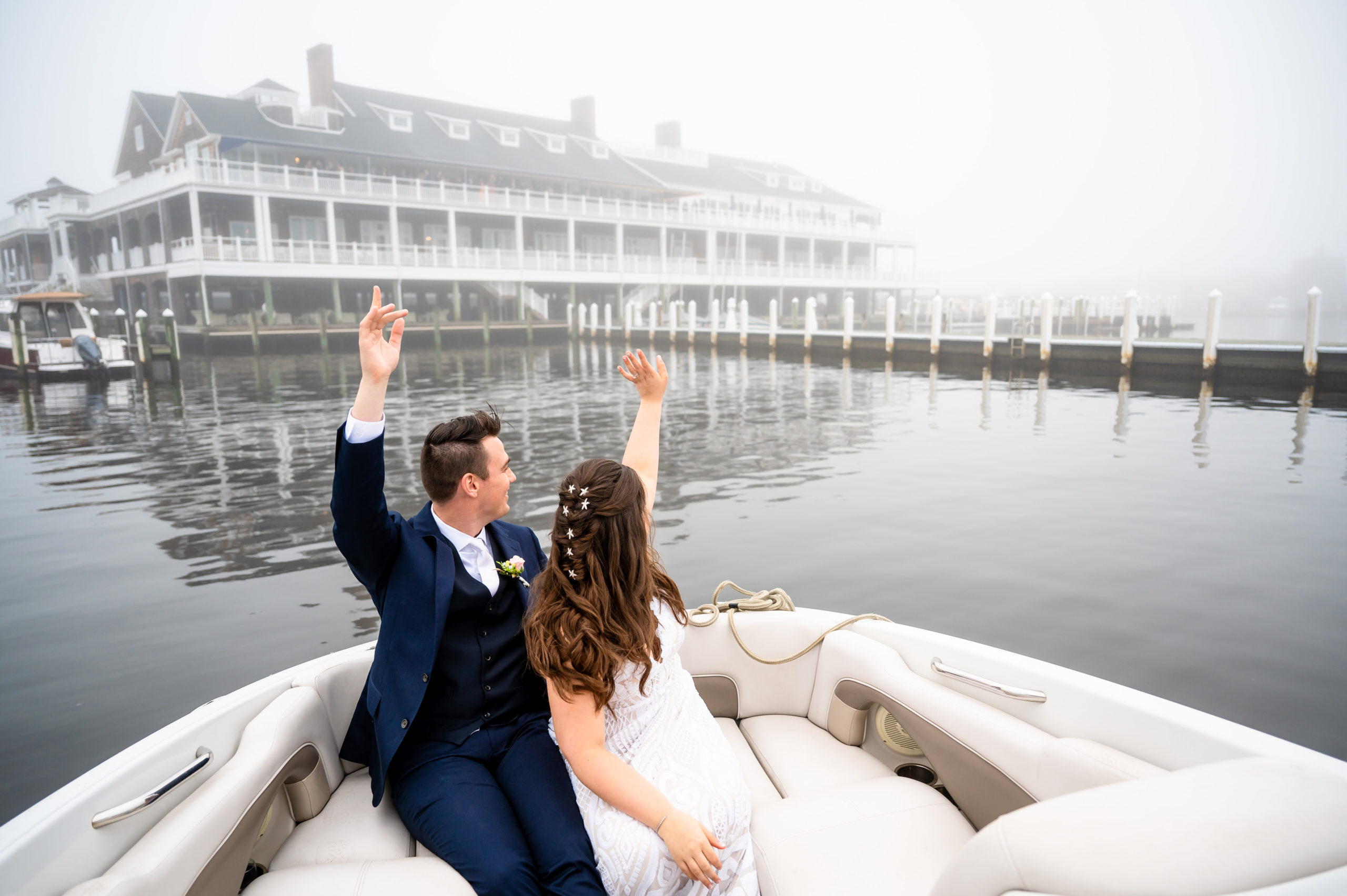 Bay Head Yacht Club wedding photo from a boat in the fog