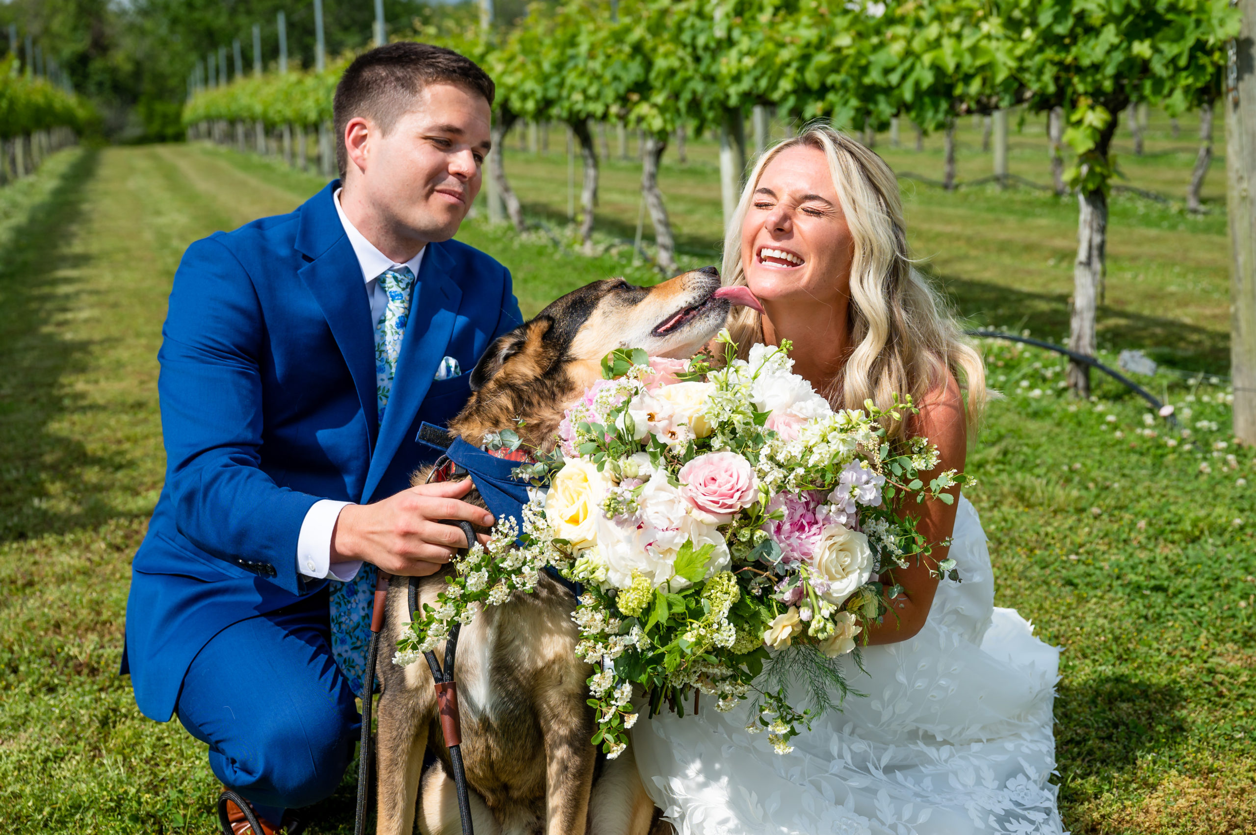 Wedding photo with the couple's dog at Willow Creek Winery in Cape May NJ