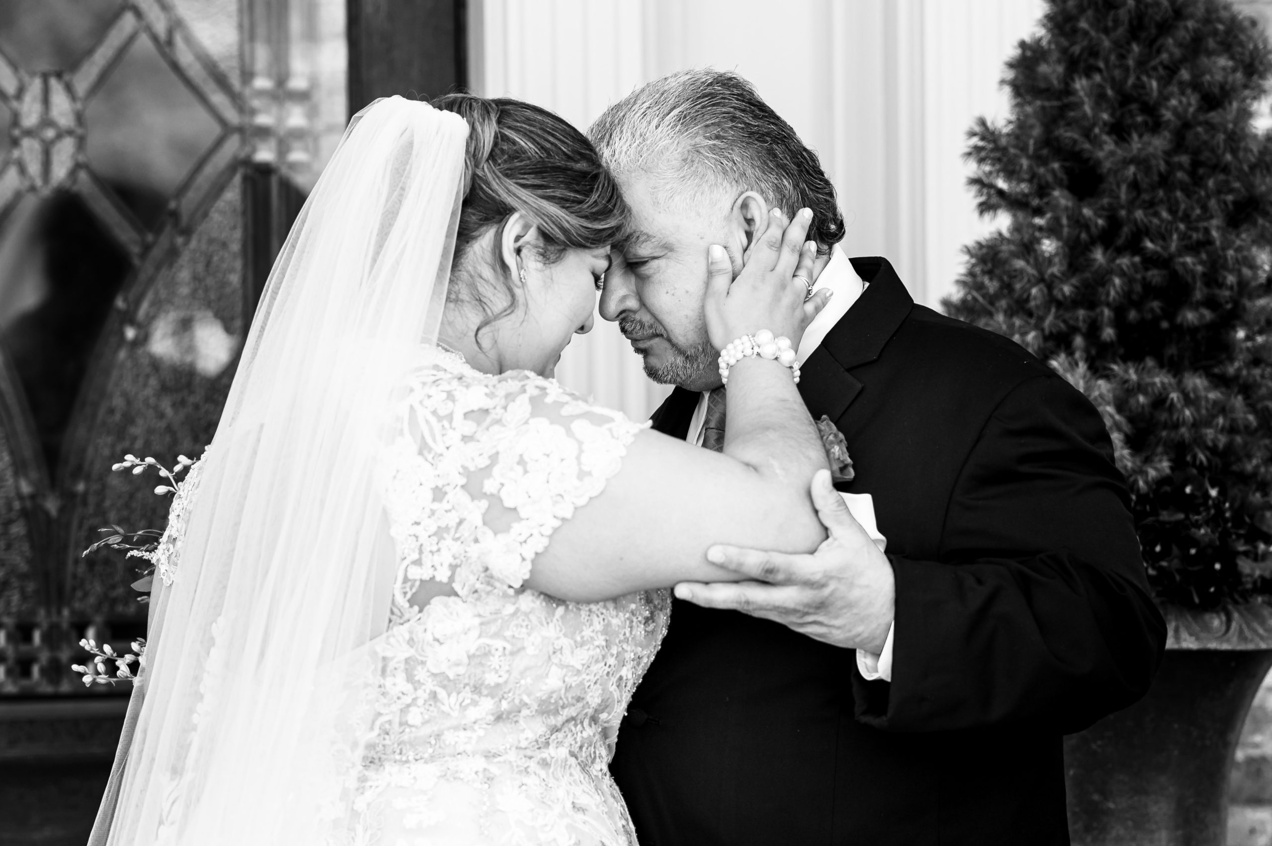 Black and white photo of a father and daughter on her wedding day in South Jersey