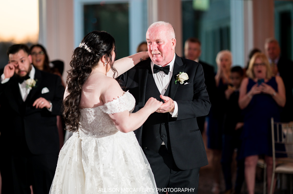 Father daughter dance photo at a wedding reception inside the Mill Lakeside Manor