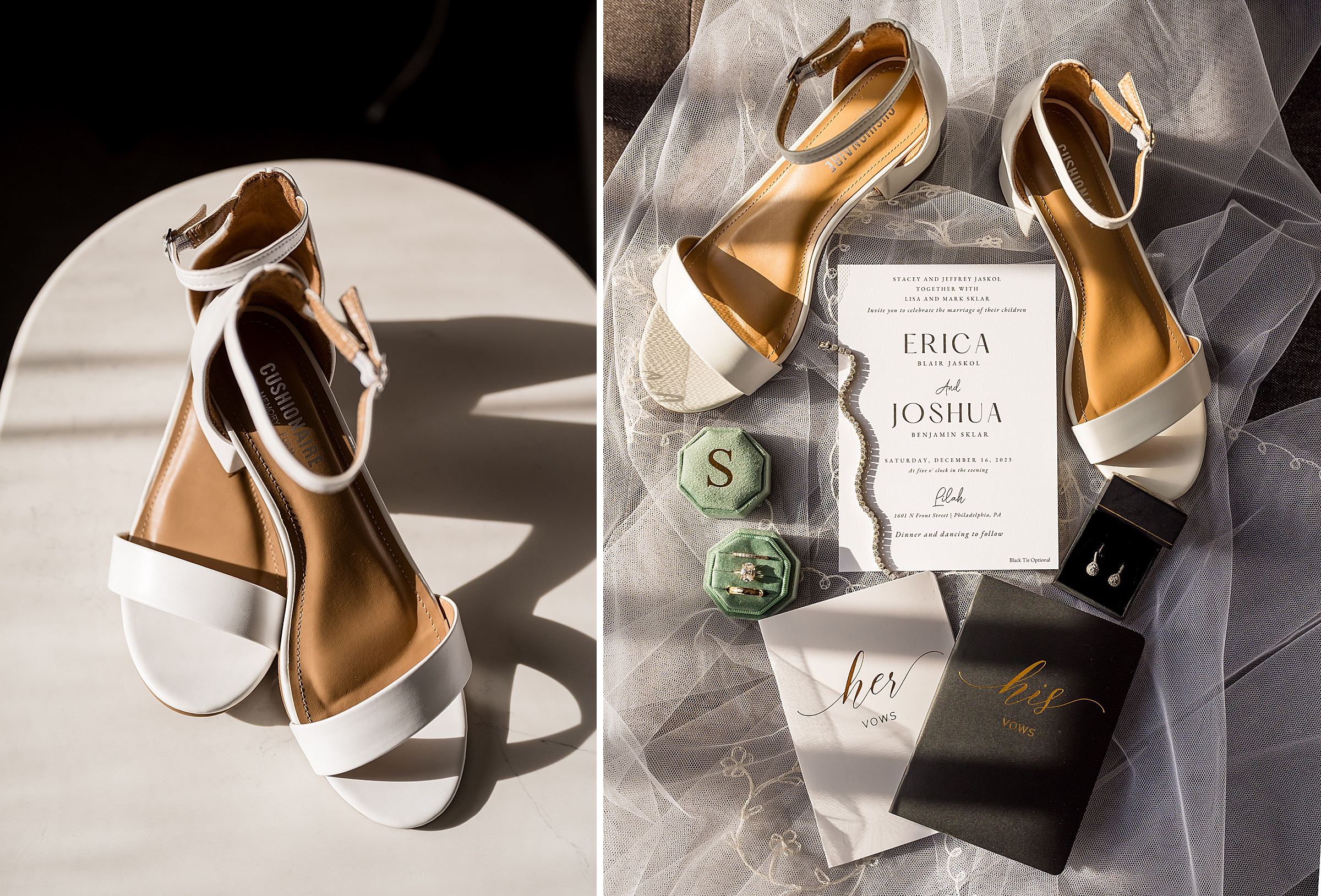 At Lilah Events, a pair of white wedding shoes and a wedding card are elegantly displayed on a table.