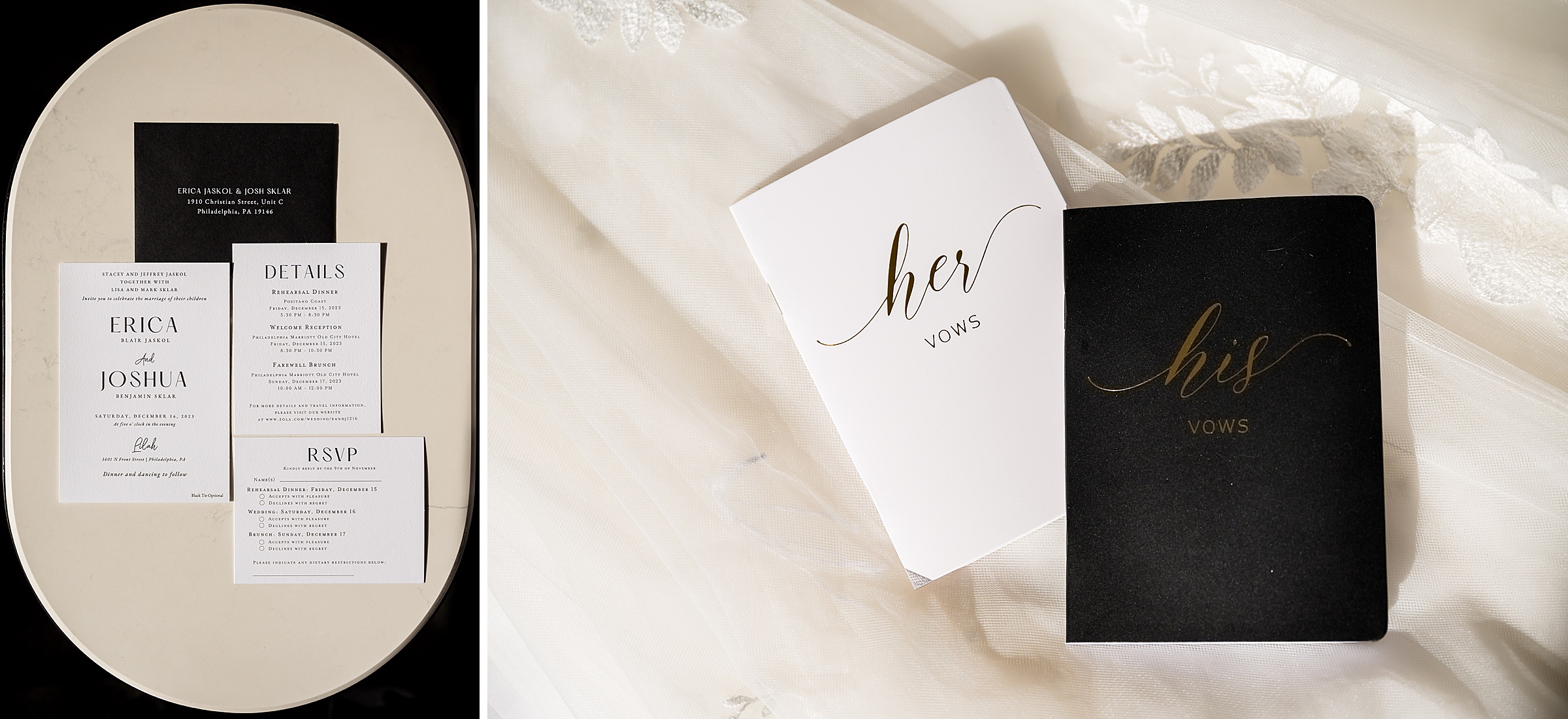 A black and white wedding menu with elegant gold lettering.