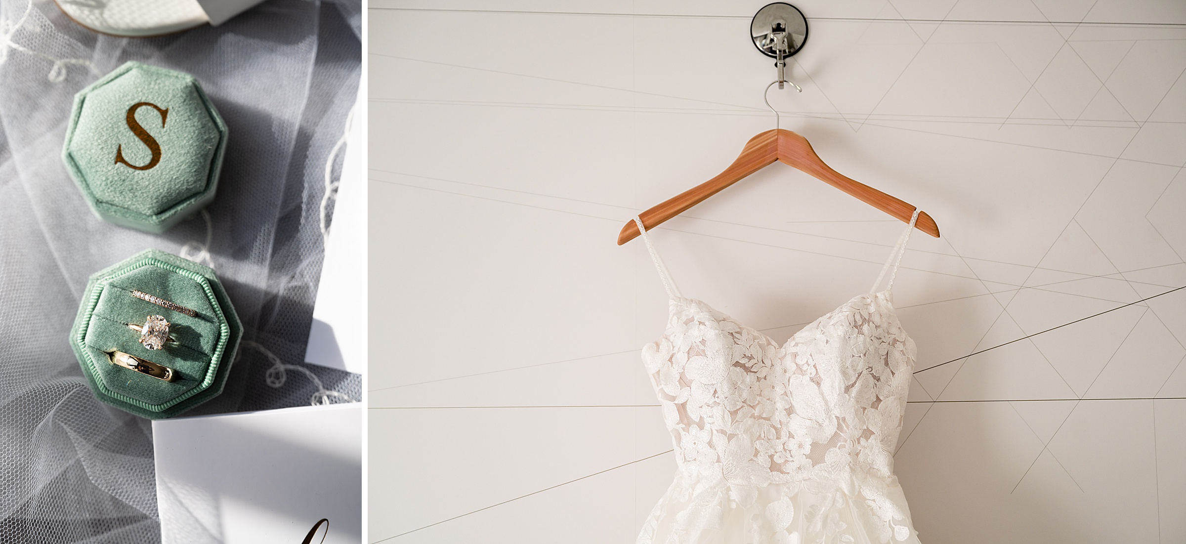 A wedding dress hangs on a Lilah Events hanger.