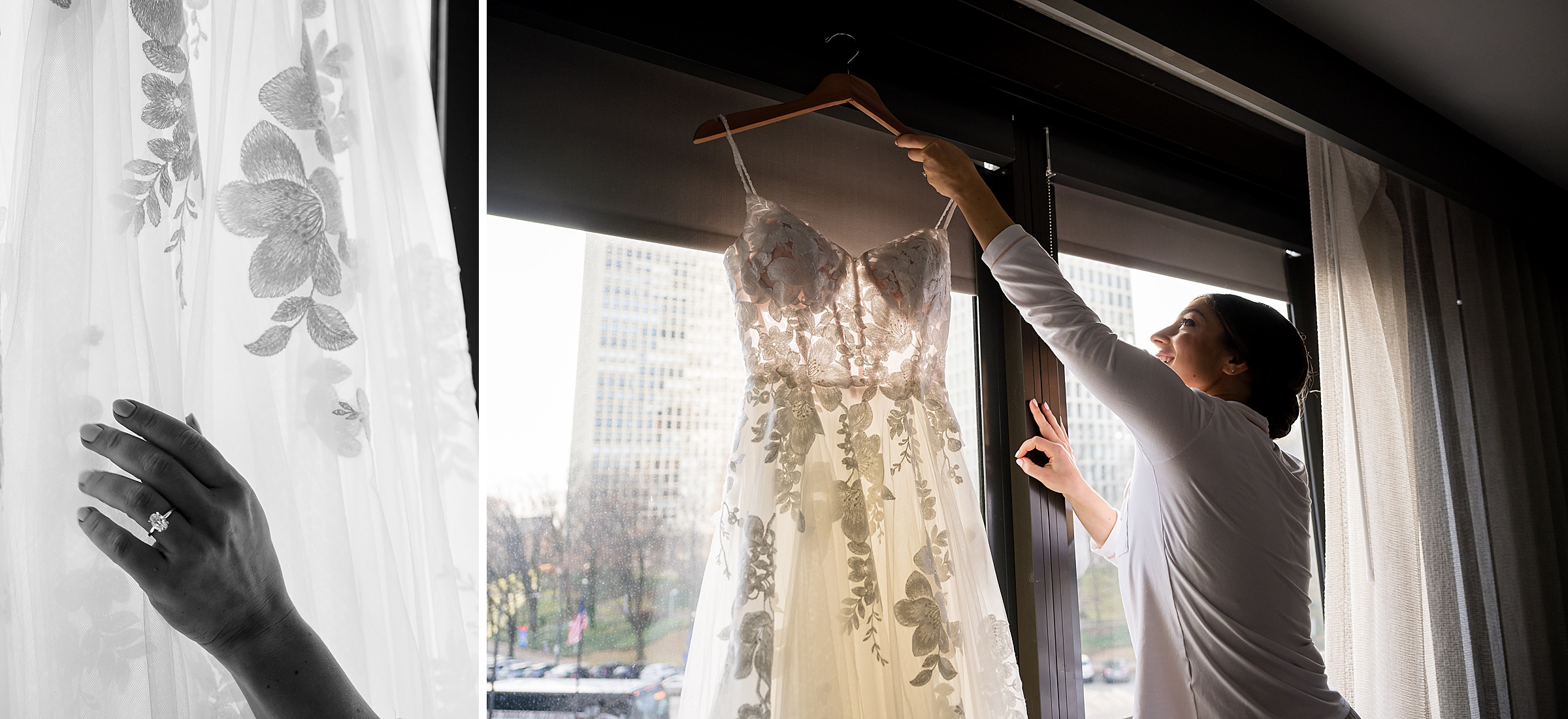 A woman is preparing her wedding dress for the Lilah Events.