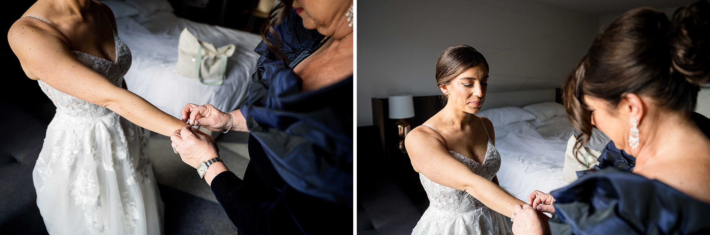 A bride is getting ready for her Lilah Events wedding in a hotel room.