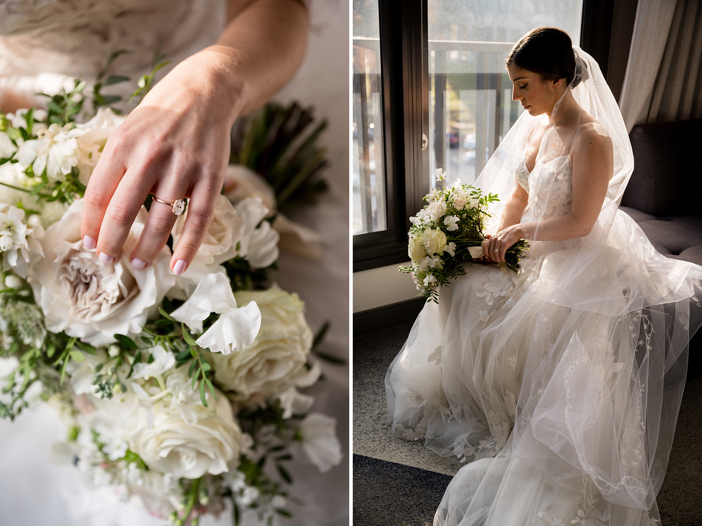A bride in a wedding dress holding a bouquet at Lilah Events.