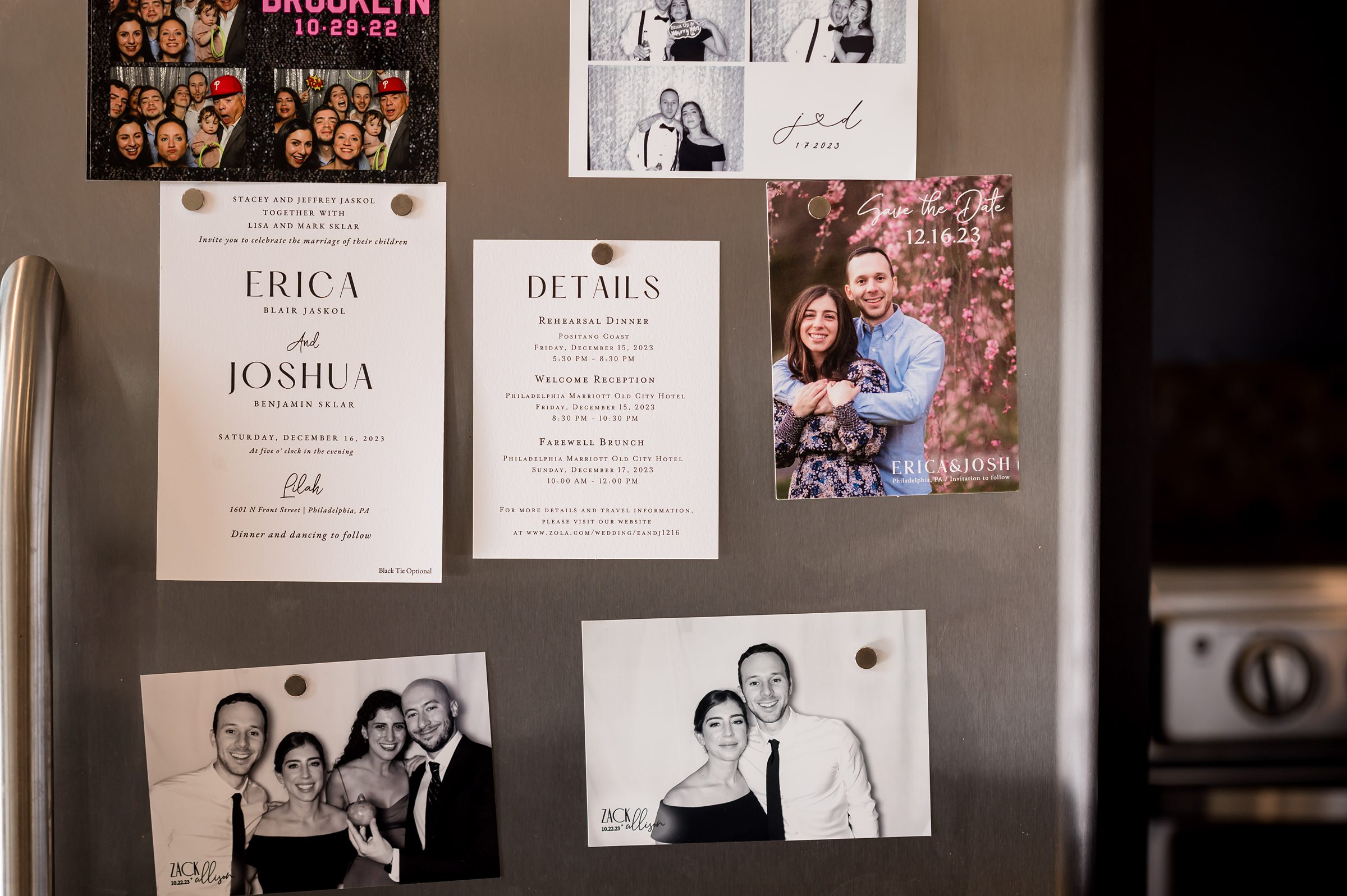 A refrigerator adorned with Lilah Events wedding photos and magnets.