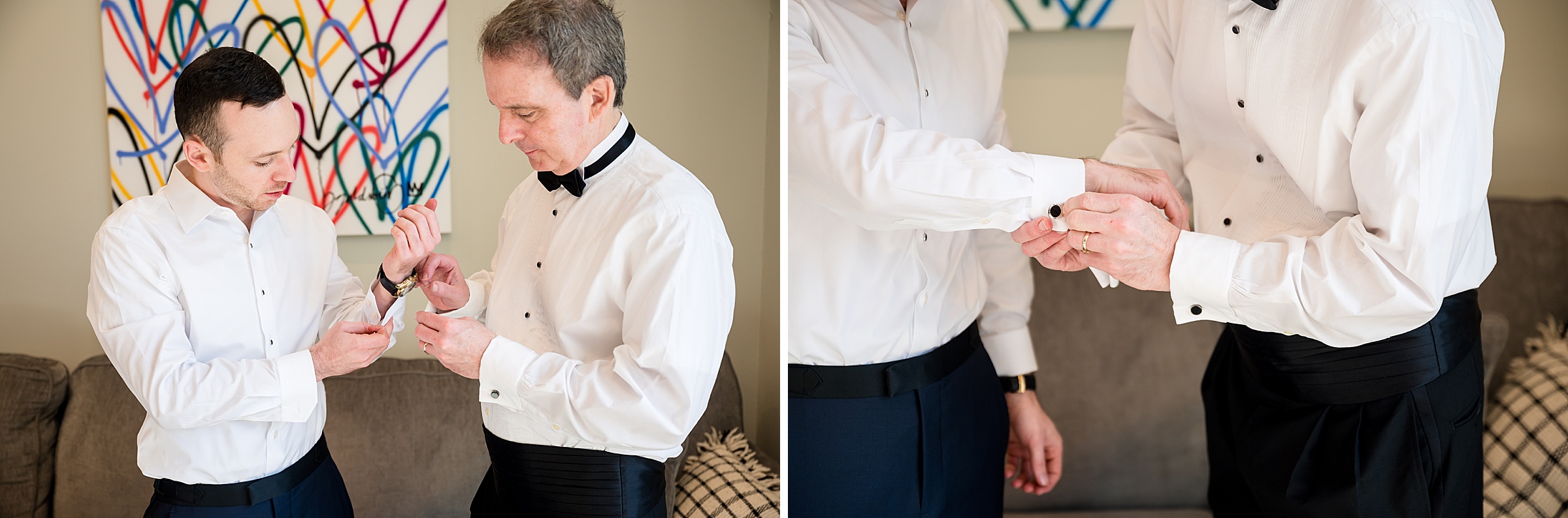A man is getting ready for a Lilah Events wedding, dressing in a stylish tuxedo.