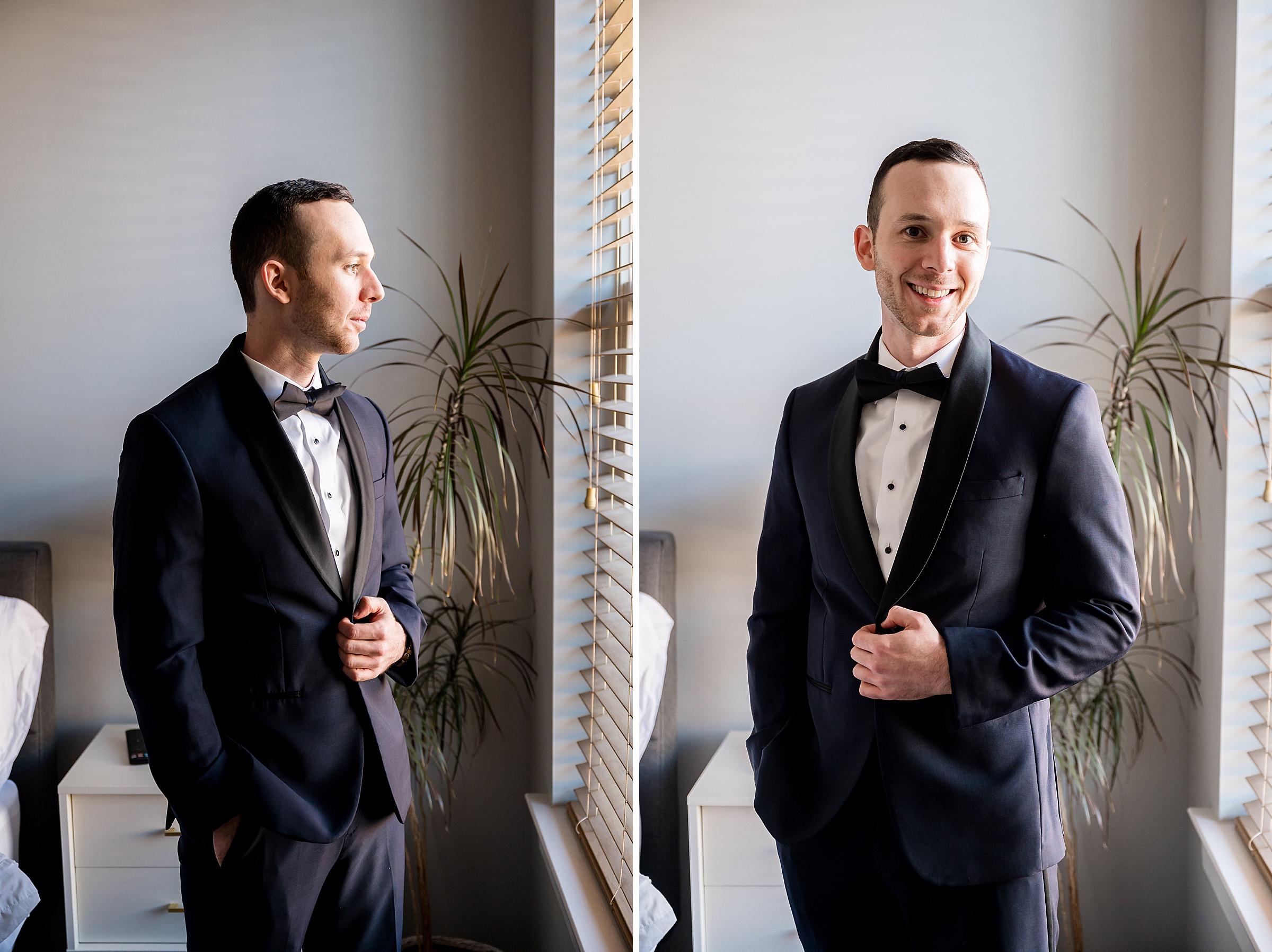 A man in a tuxedo is standing in front of a window at Lilah Events.