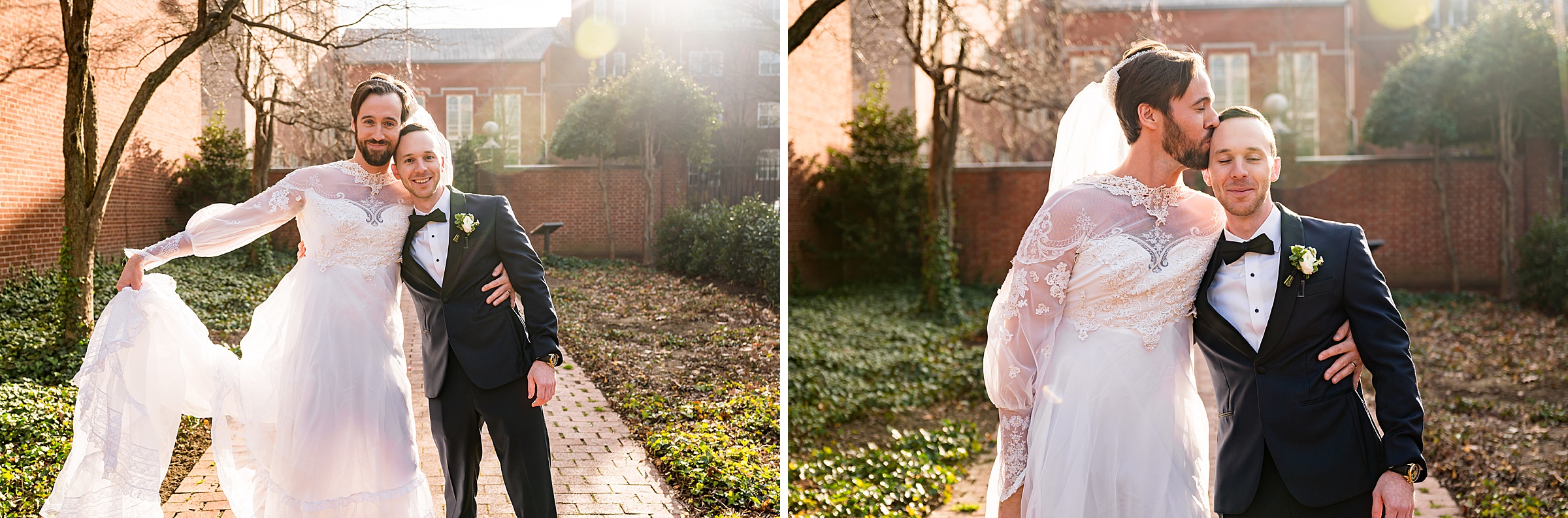 Two photos of a bride and groom posing in front of a brick wall at their Wedding.