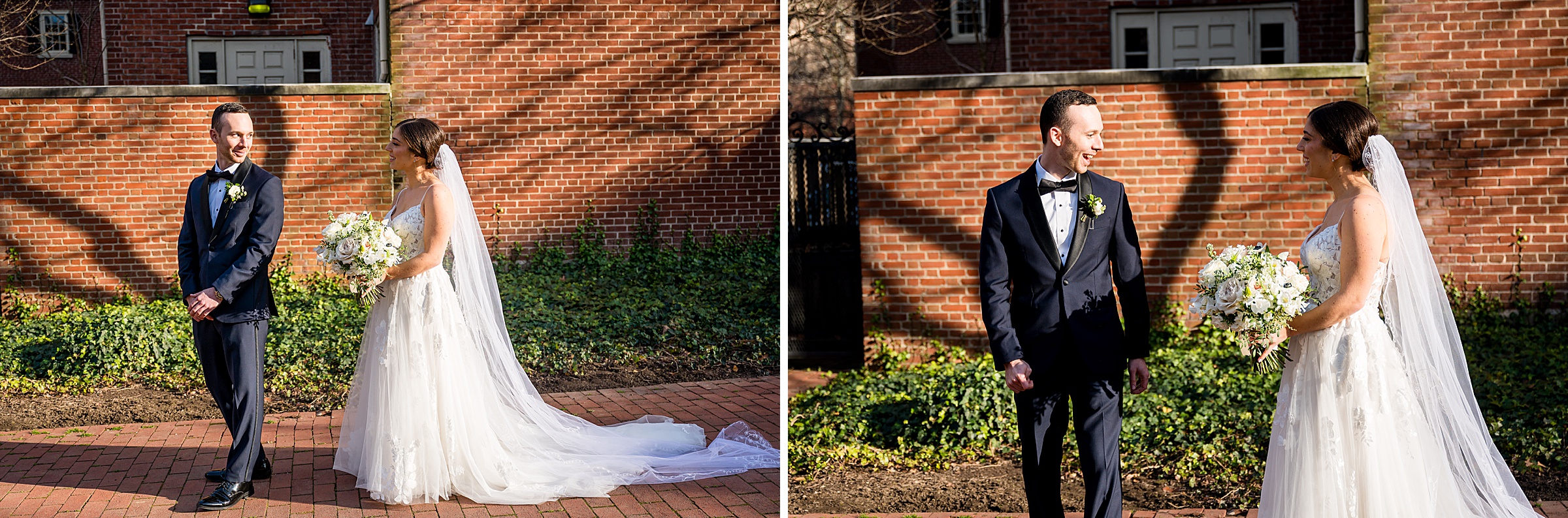 A bride and groom standing in front of a brick building at their Lilah Events wedding.