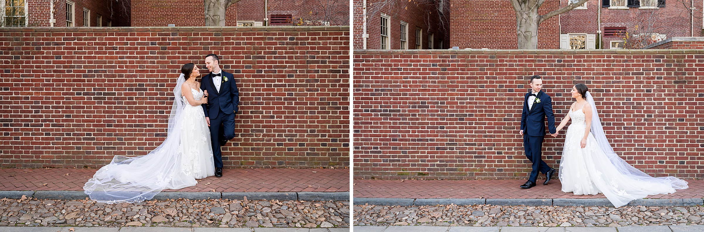 A bride and groom leaning against a brick wall at their Lilah Events wedding.