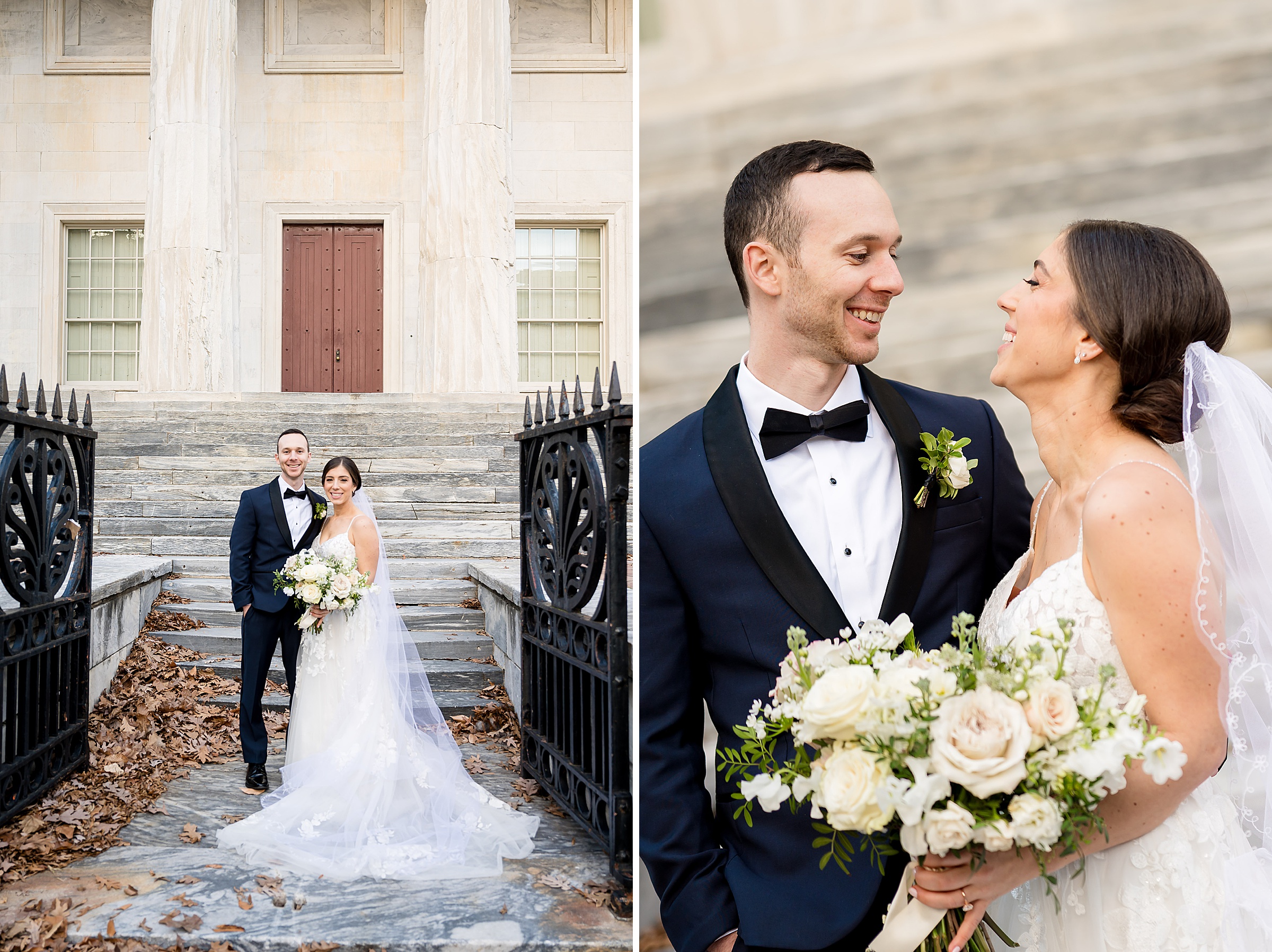 A bride and groom standing on the steps in front of a building, captured by Lilah Events for their wedding day.