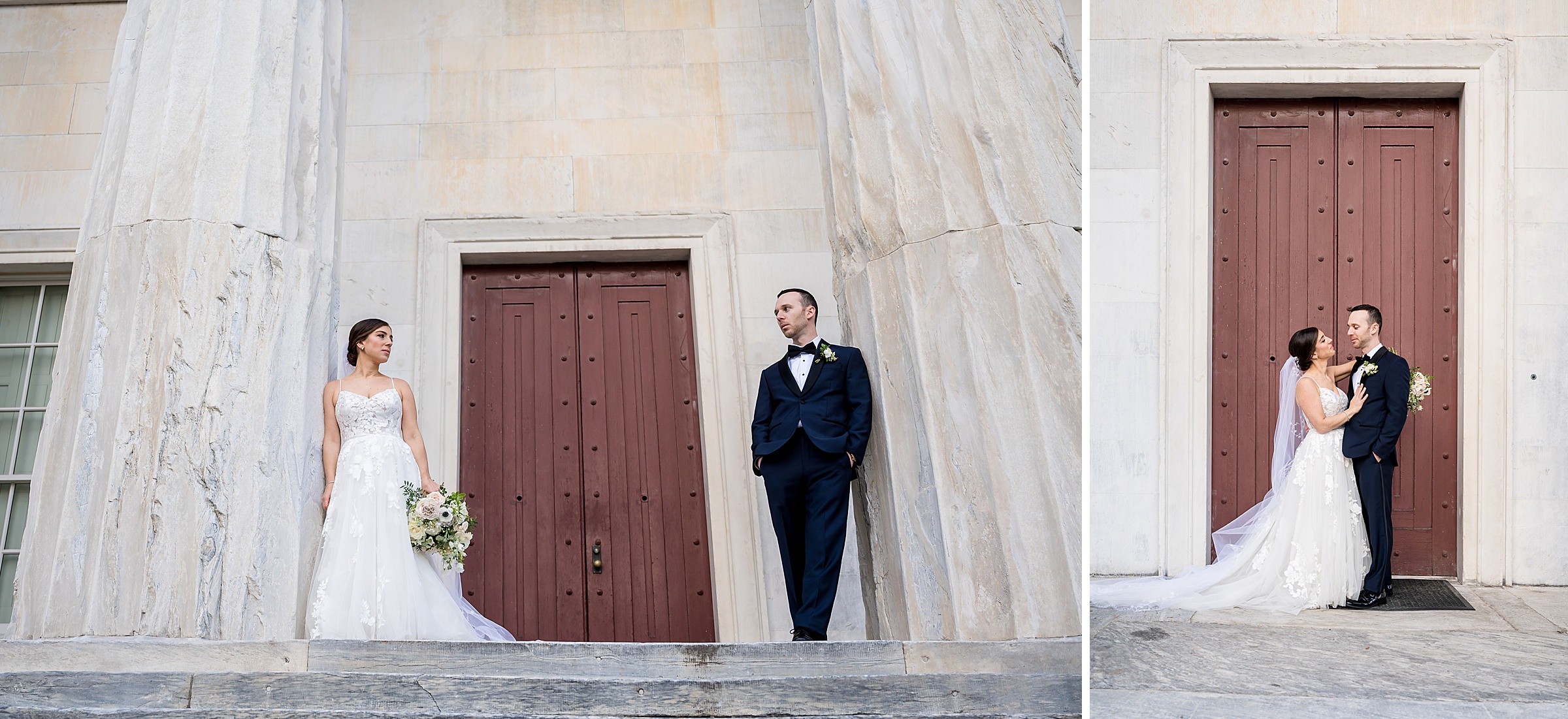 A bride and groom standing on the steps of a building at their Lilah Events wedding.