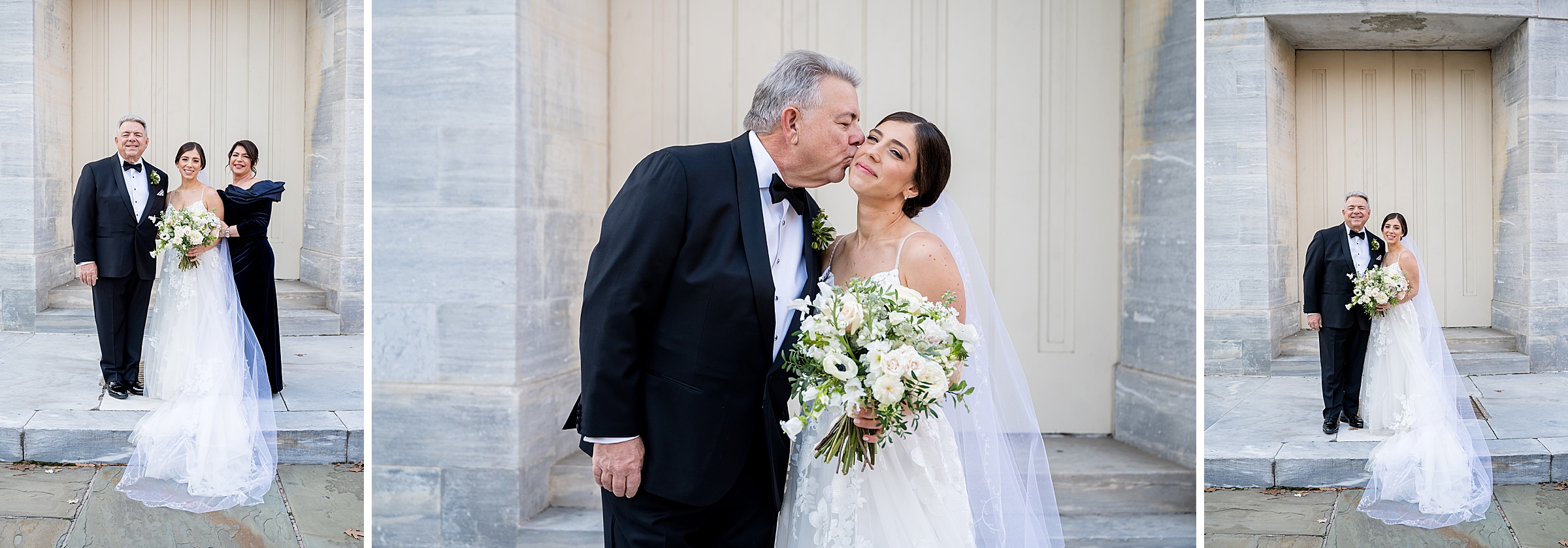 At a Wedding, the bride affectionately kisses her father on the steps.