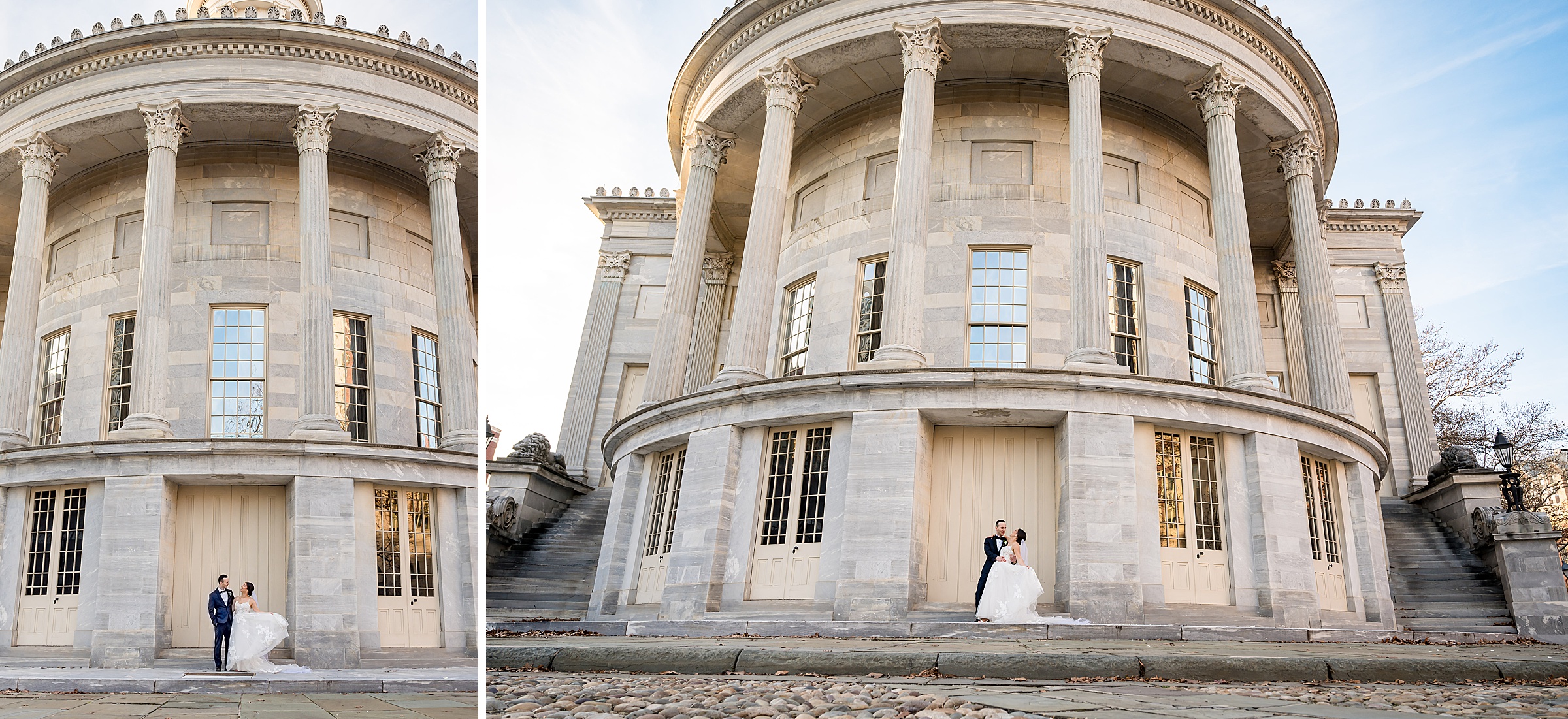 A bride and groom standing in front of an ornate building at a Lilah Events wedding.