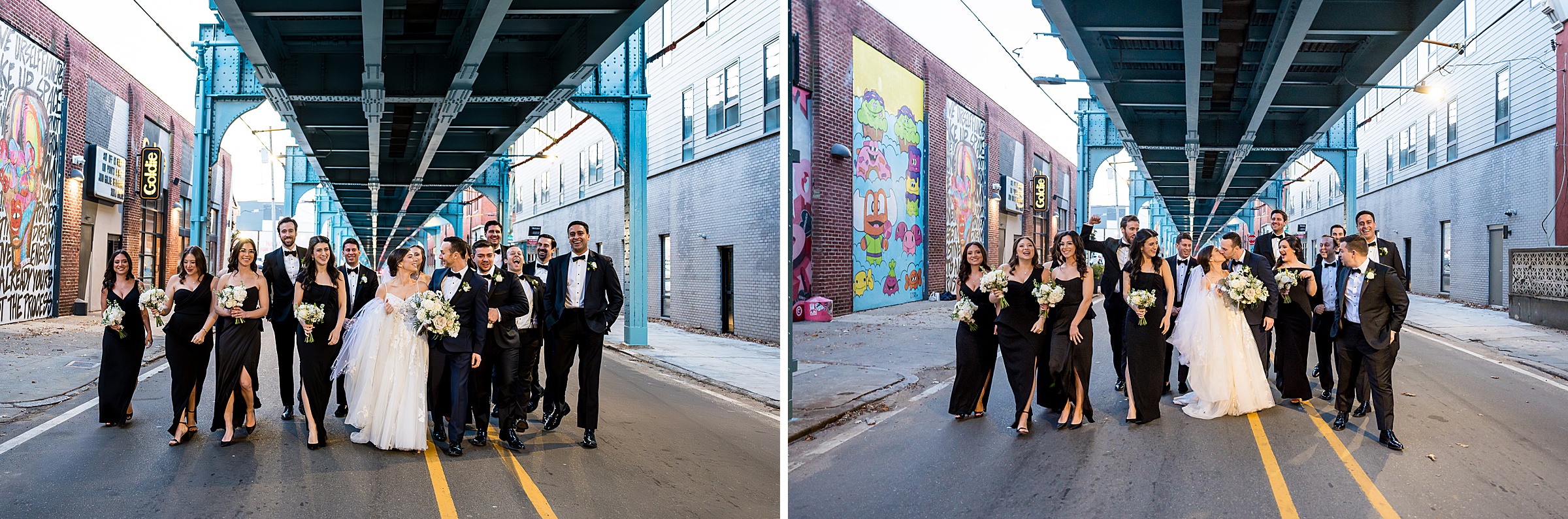 Lilah Events planned a wedding party posing for a photo in an alleyway.