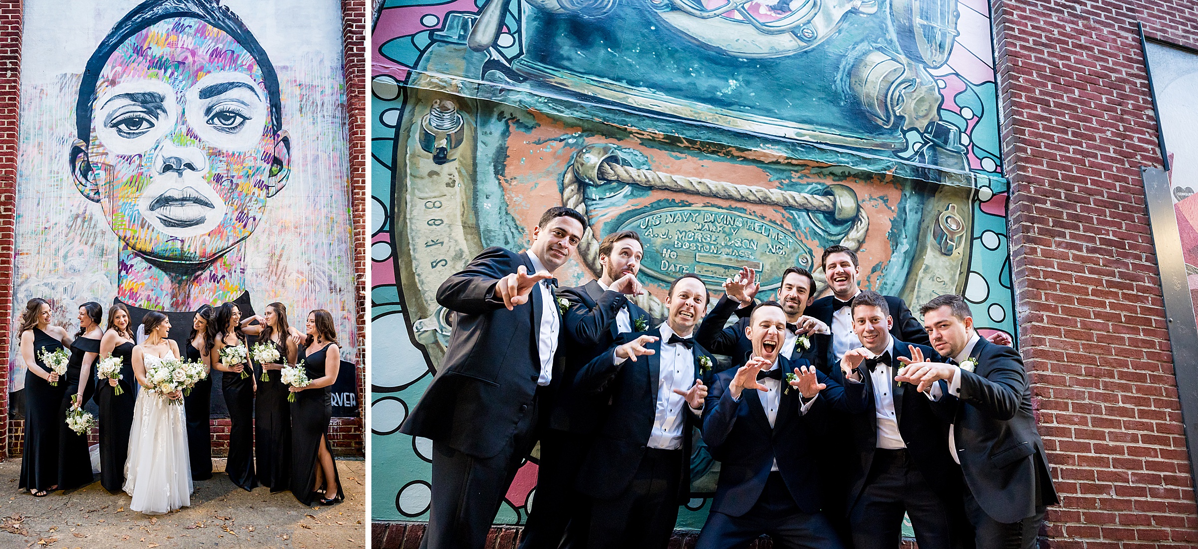 A group of bridesmaids and groomsmen pose in front of a mural at a Lilah Events wedding.