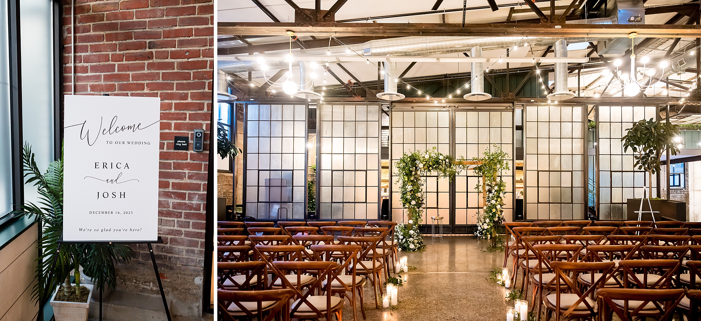 Lilah Events transformed a warehouse into a stunning wedding venue, complete with chairs and a charming sign.