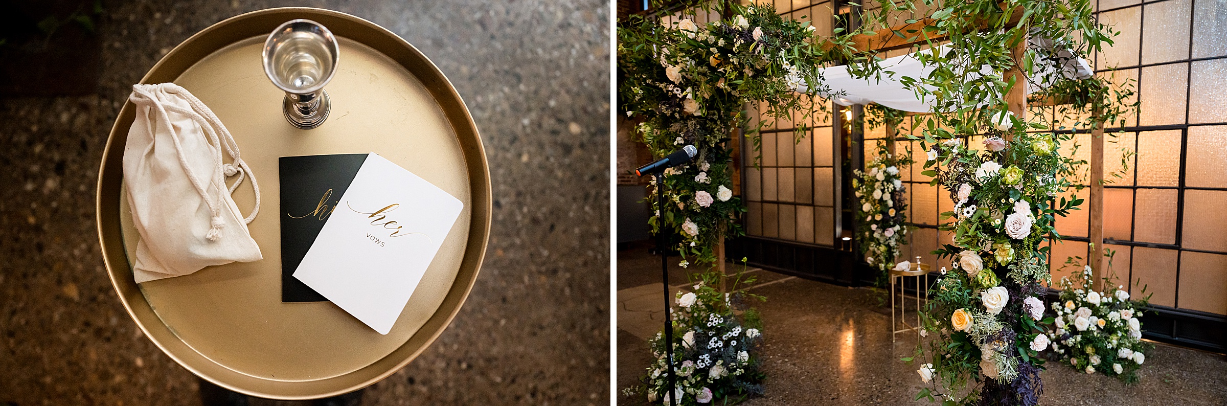 Two pictures of a wedding ceremony with flowers and a gold plate, captured by Lilah Events.