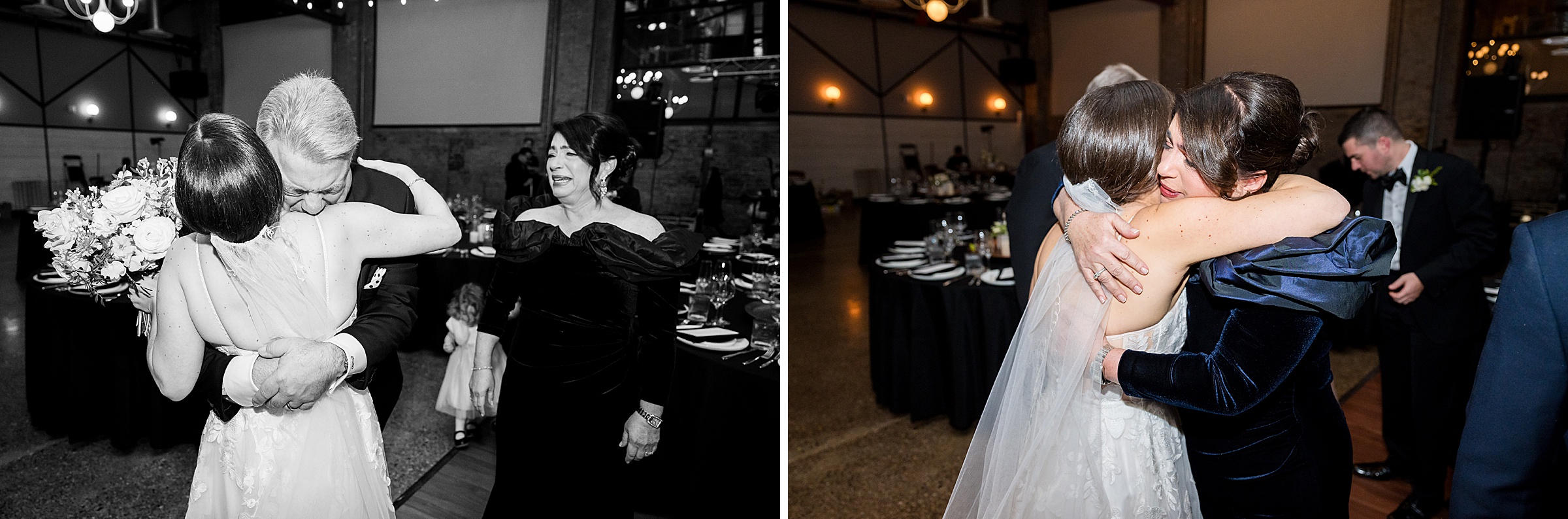 Two black and white photos of a bride hugging her bridesmaid at a Lilah Events wedding.