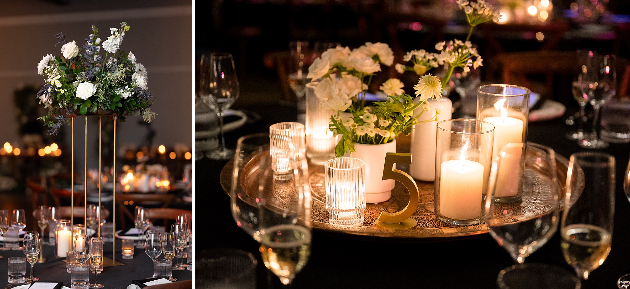 Two stunning pictures from a Lilah Events wedding reception, showcasing elegant candles and beautiful flowers.