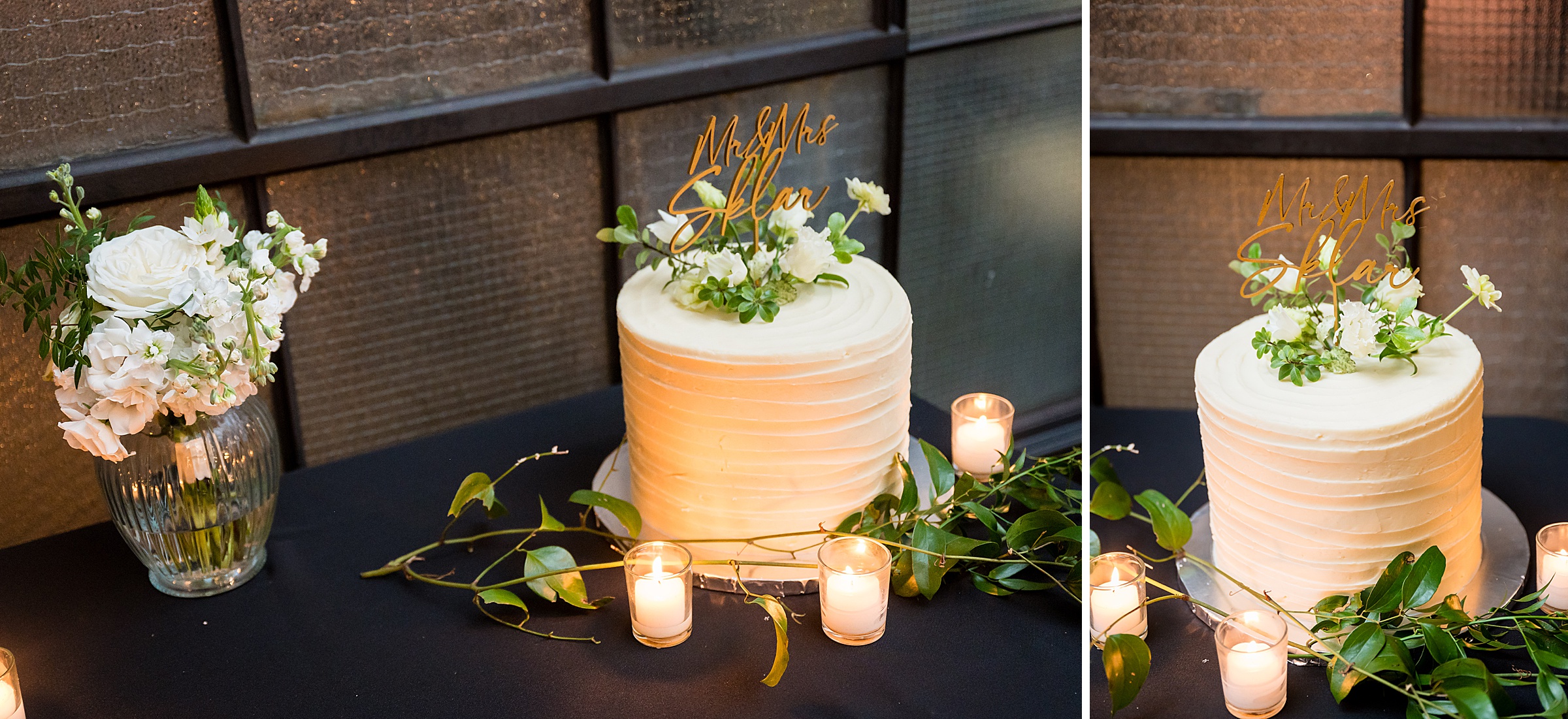 Two picturesque photos of a wedding cake adorned with candles and greenery from Lilah Events.