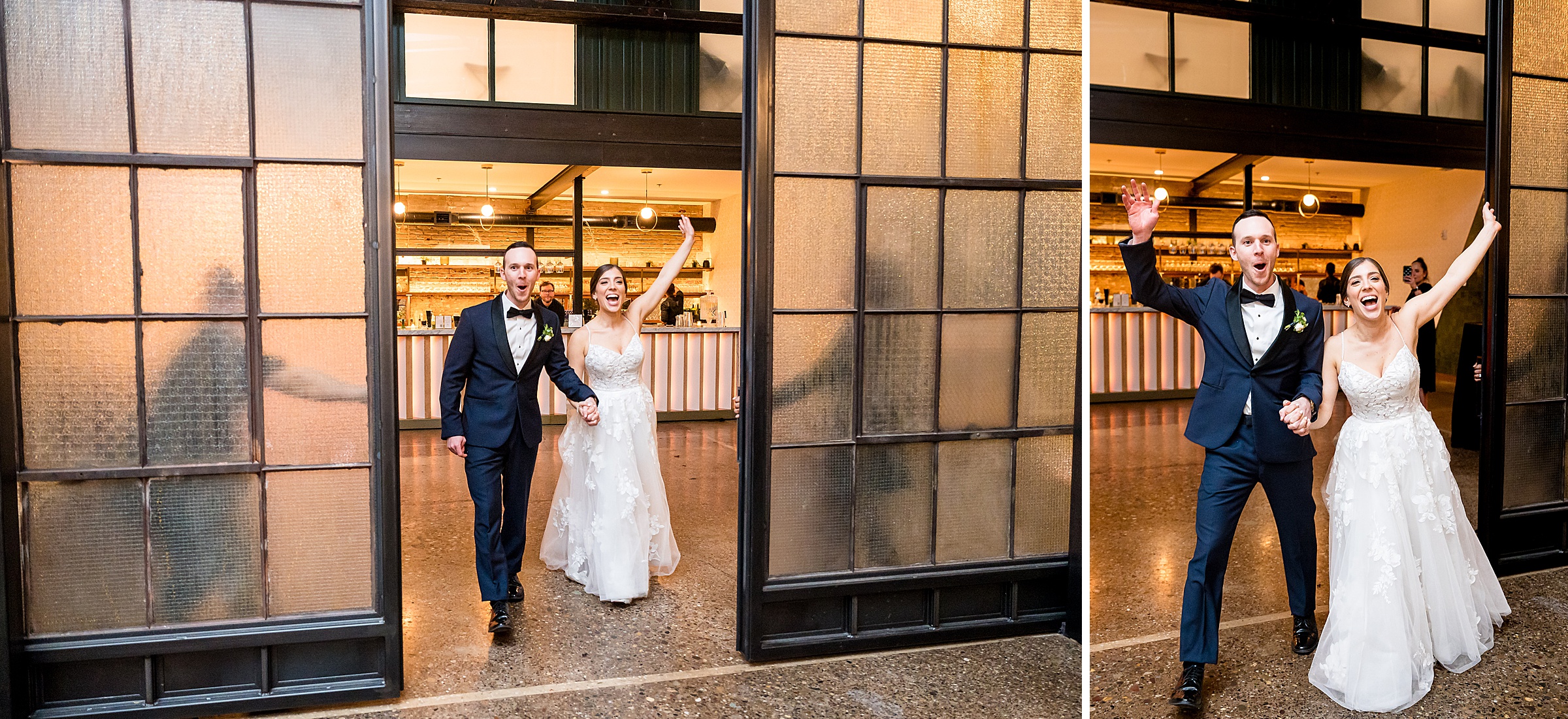 At a Lilah Events Wedding, the bride and groom wave at each other in front of a glass door.