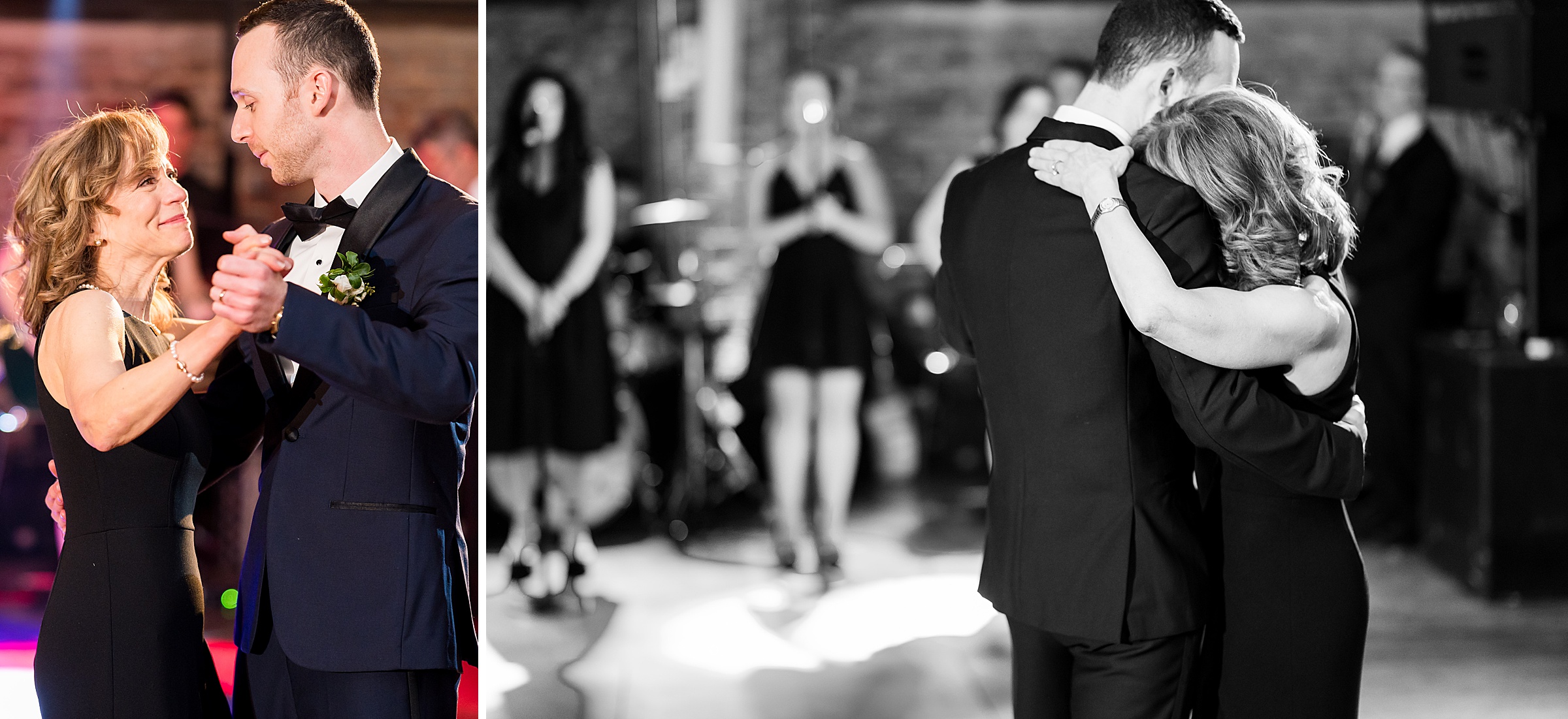 Two black and white photos of a couple dancing at a Lilah Events wedding.