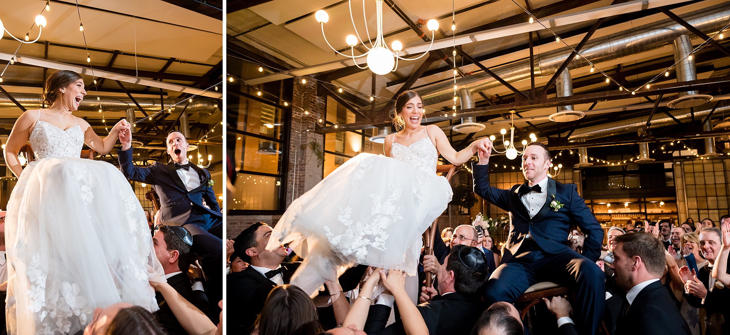 At a Lilah Events wedding, the newlyweds are joyfully tossed into the air by guests at the reception.
