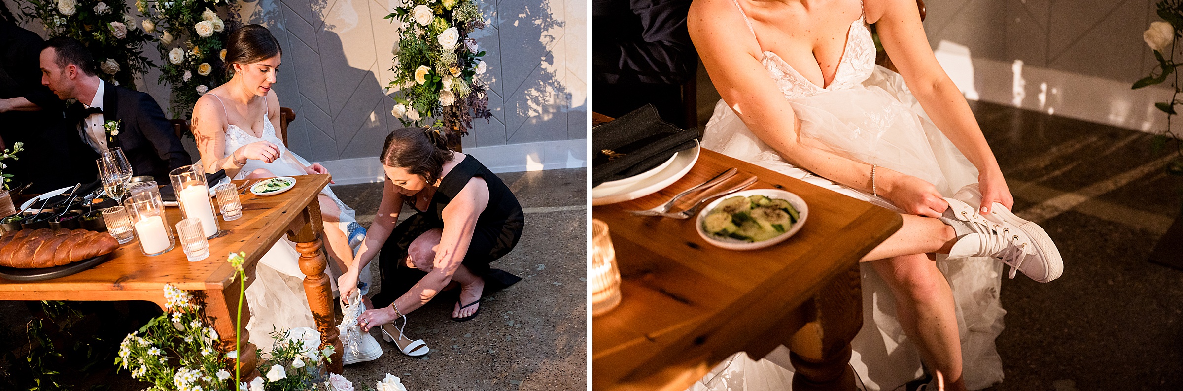 A bride is getting ready for her wedding, putting on her shoes at a table during a Lilah Events celebration.