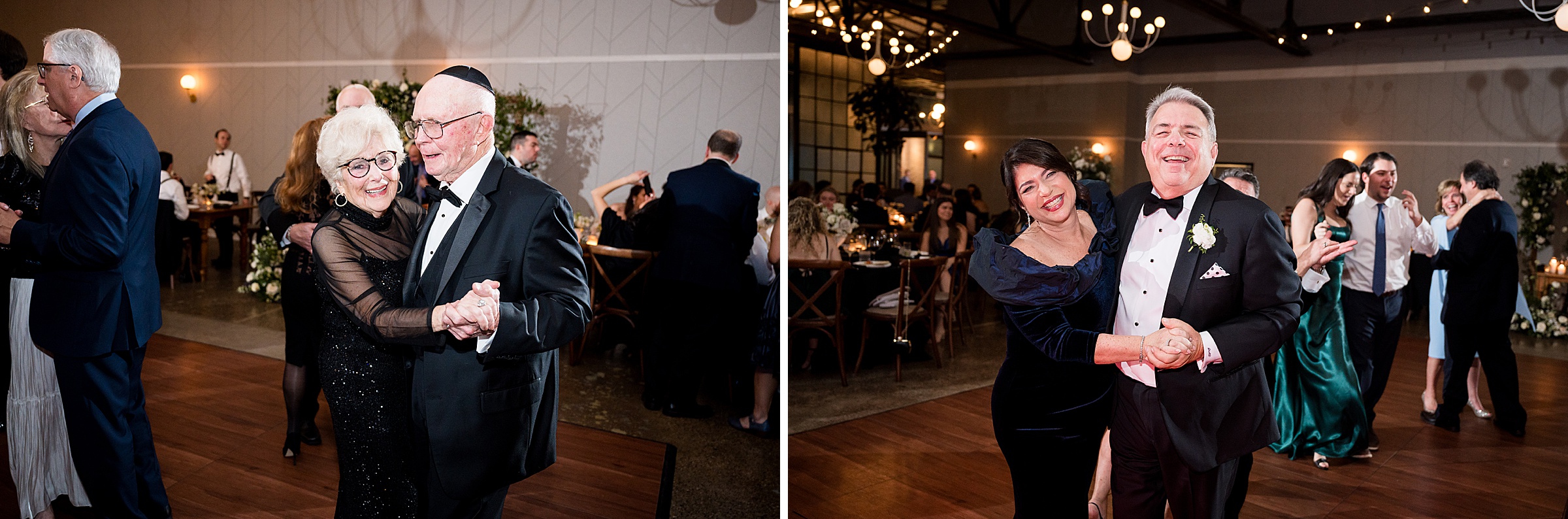 Two images capturing people dancing at a Lilah Events wedding reception.