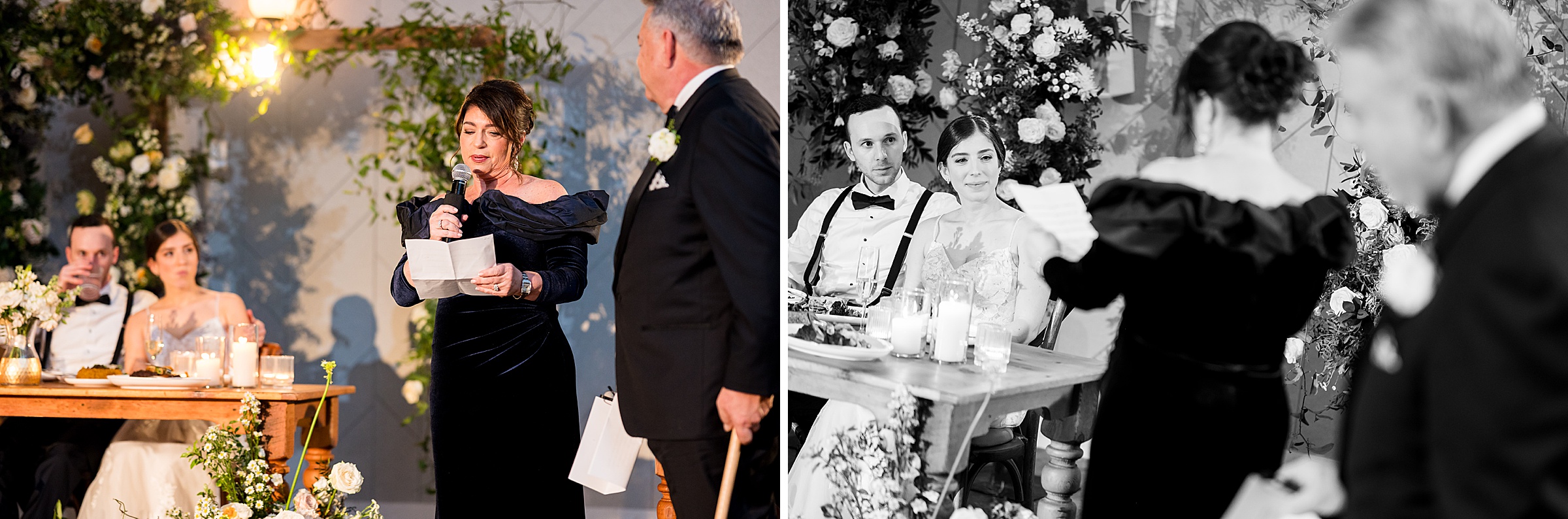 Two photos of a woman giving a toast at a Lilah Events wedding.