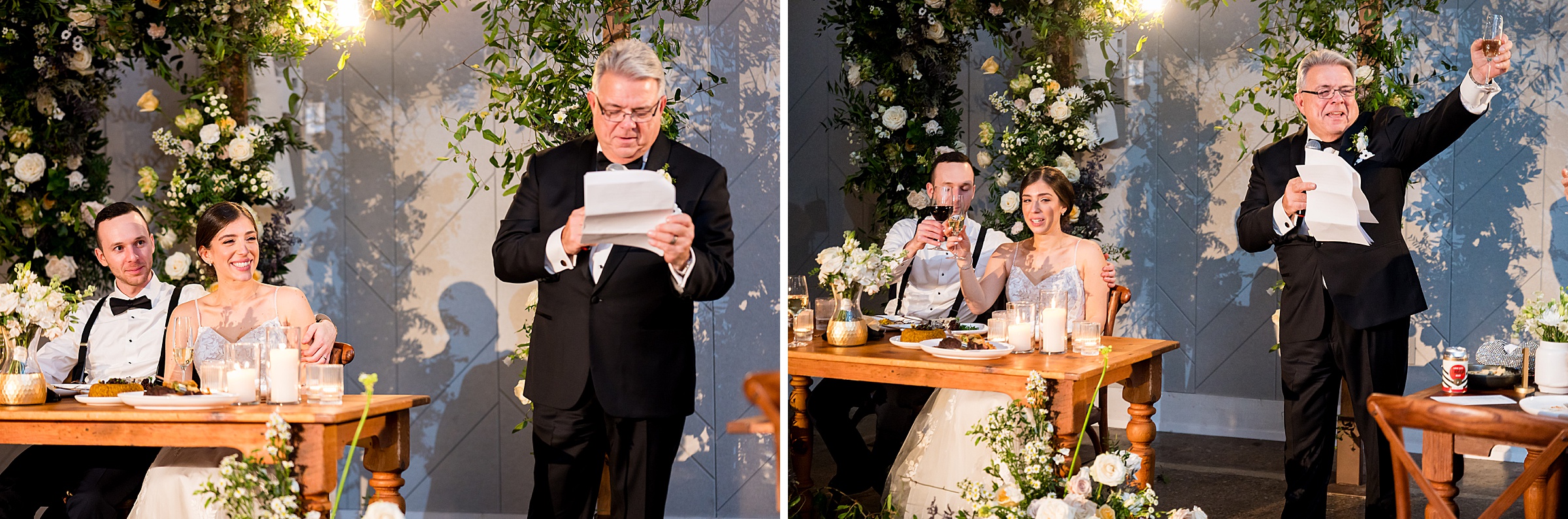 At a Lilah Events wedding, the bride and groom raise their glasses to give a toast.
