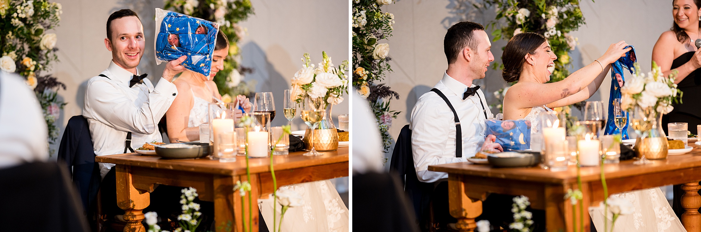 Two pictures of a bride and groom at their Lilah Events wedding reception.