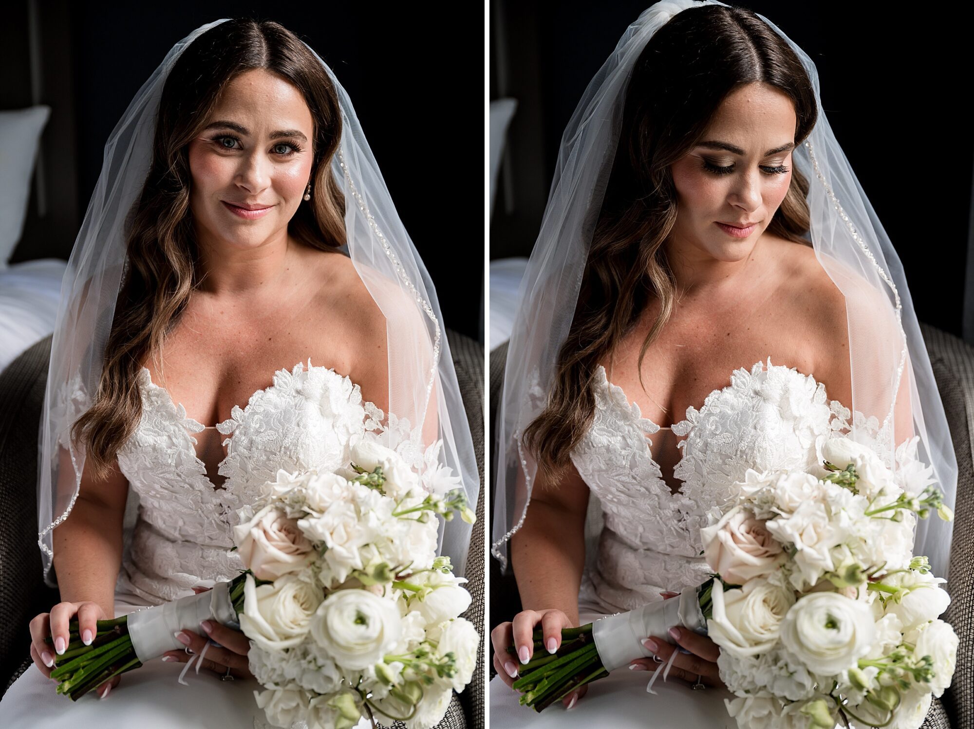 Two pictures of a bride holding a bouquet.