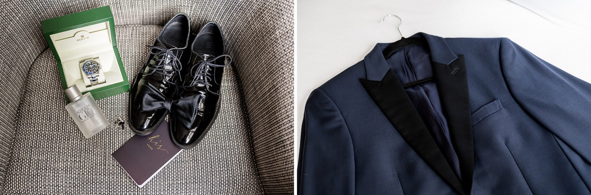 Two pictures of a tuxedo and a pair of shoes.