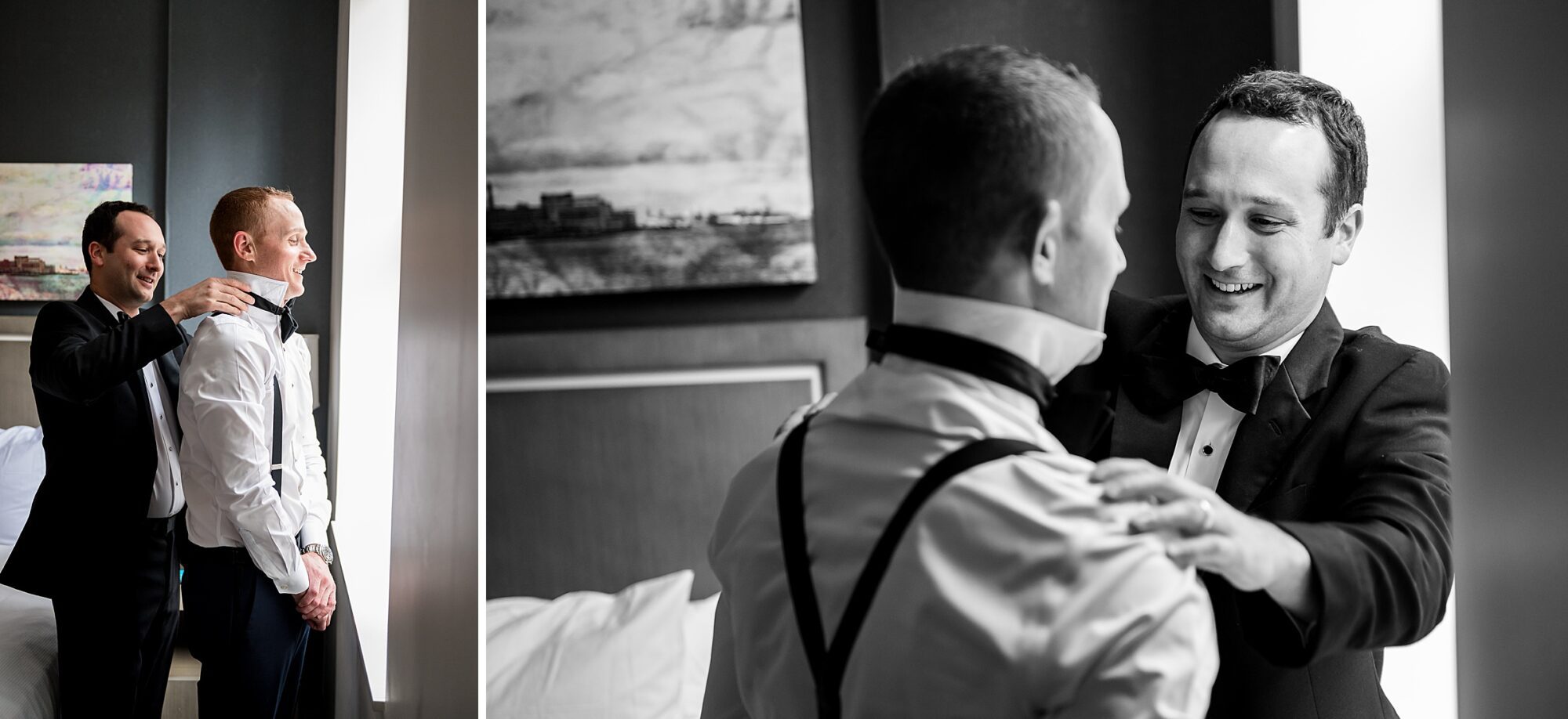 Two men in tuxedos getting ready in a hotel room.
