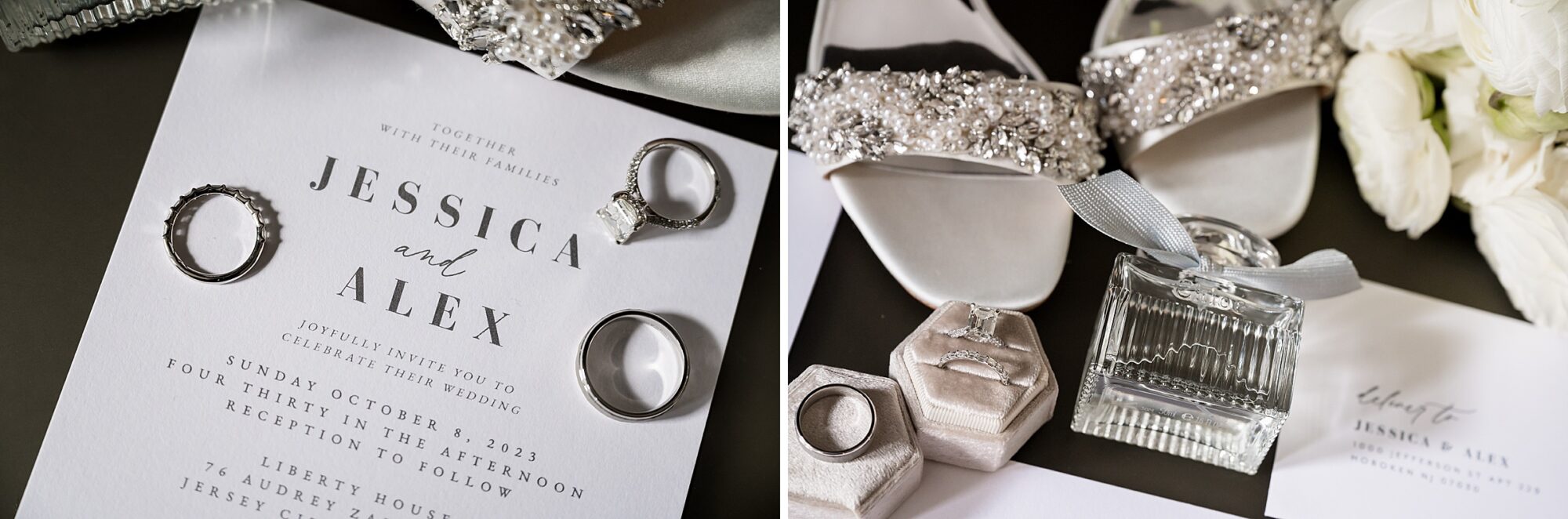 A silver wedding invitation with a pair of shoes and a wedding ring.
