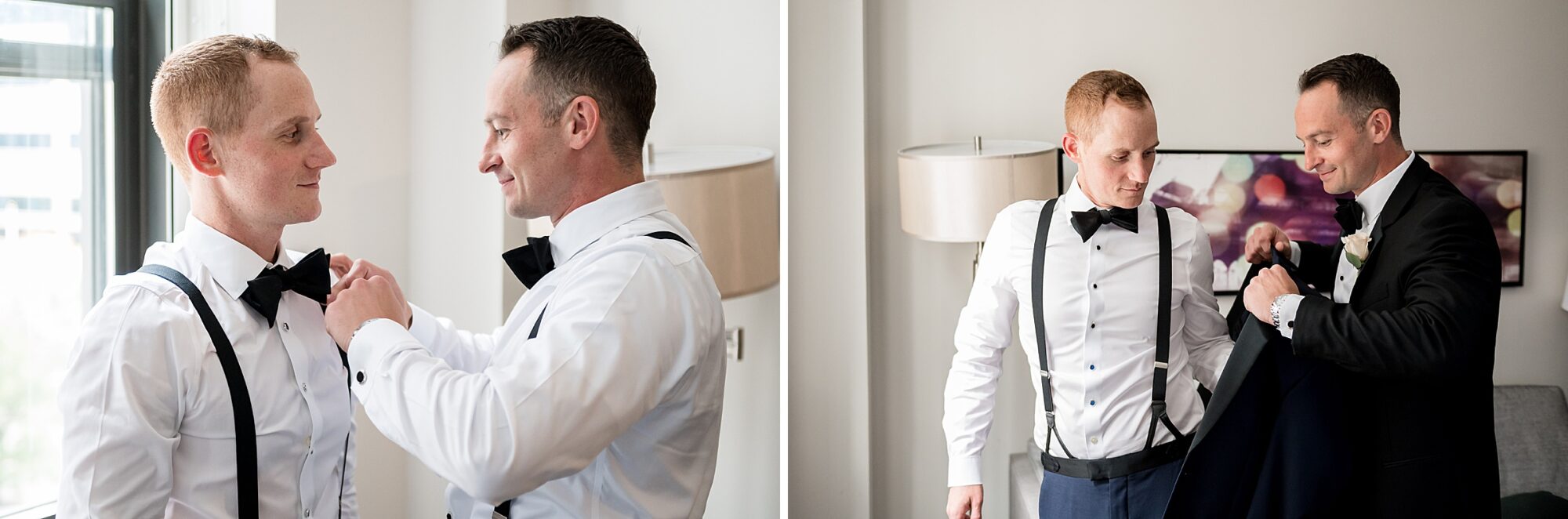 A man in a tuxedo is putting on his suspenders.